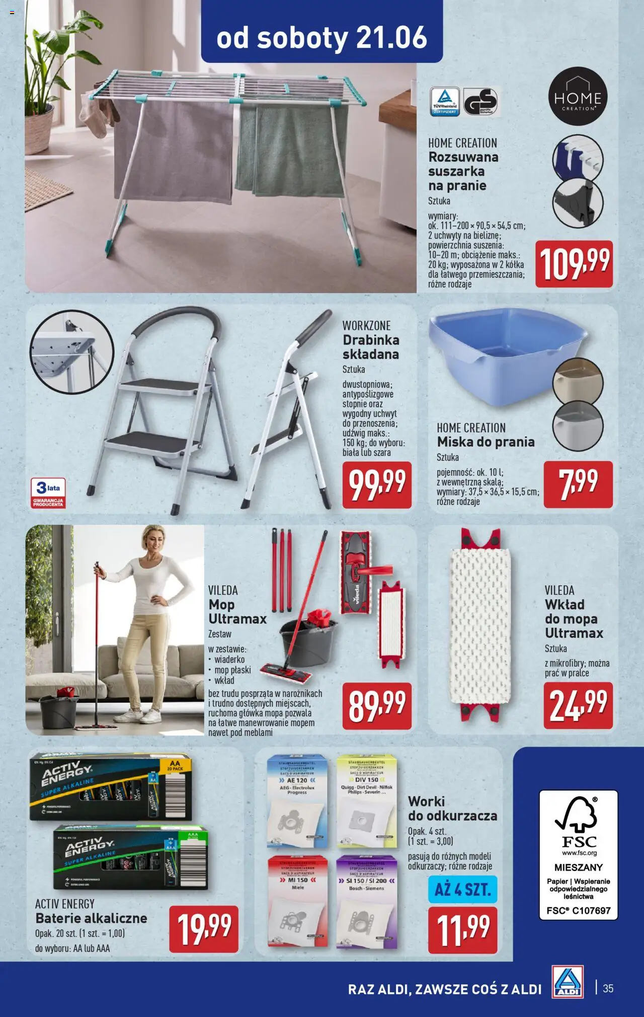 Aldi Gazetka od 16.06.2025 | Strona: 35 | Produkty: Suszarka na pranie, Suszarka, Baterie, Vileda