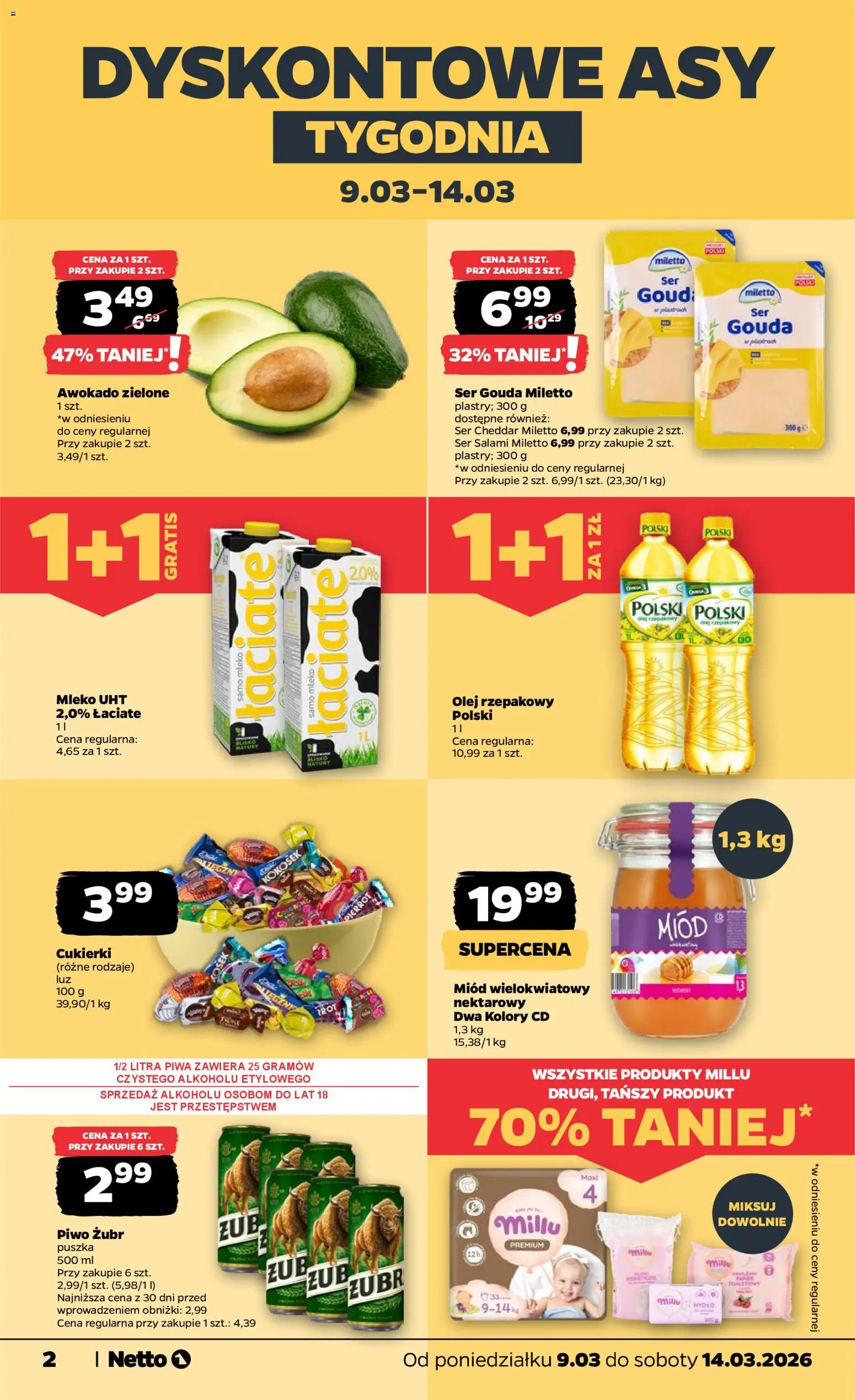 Netto gazetka od poniedziałku spożywcza od 09.03.2026 | Strona: 2 | Produkty: Piwo żubr, Cukierki, Cheddar, Ser cheddar