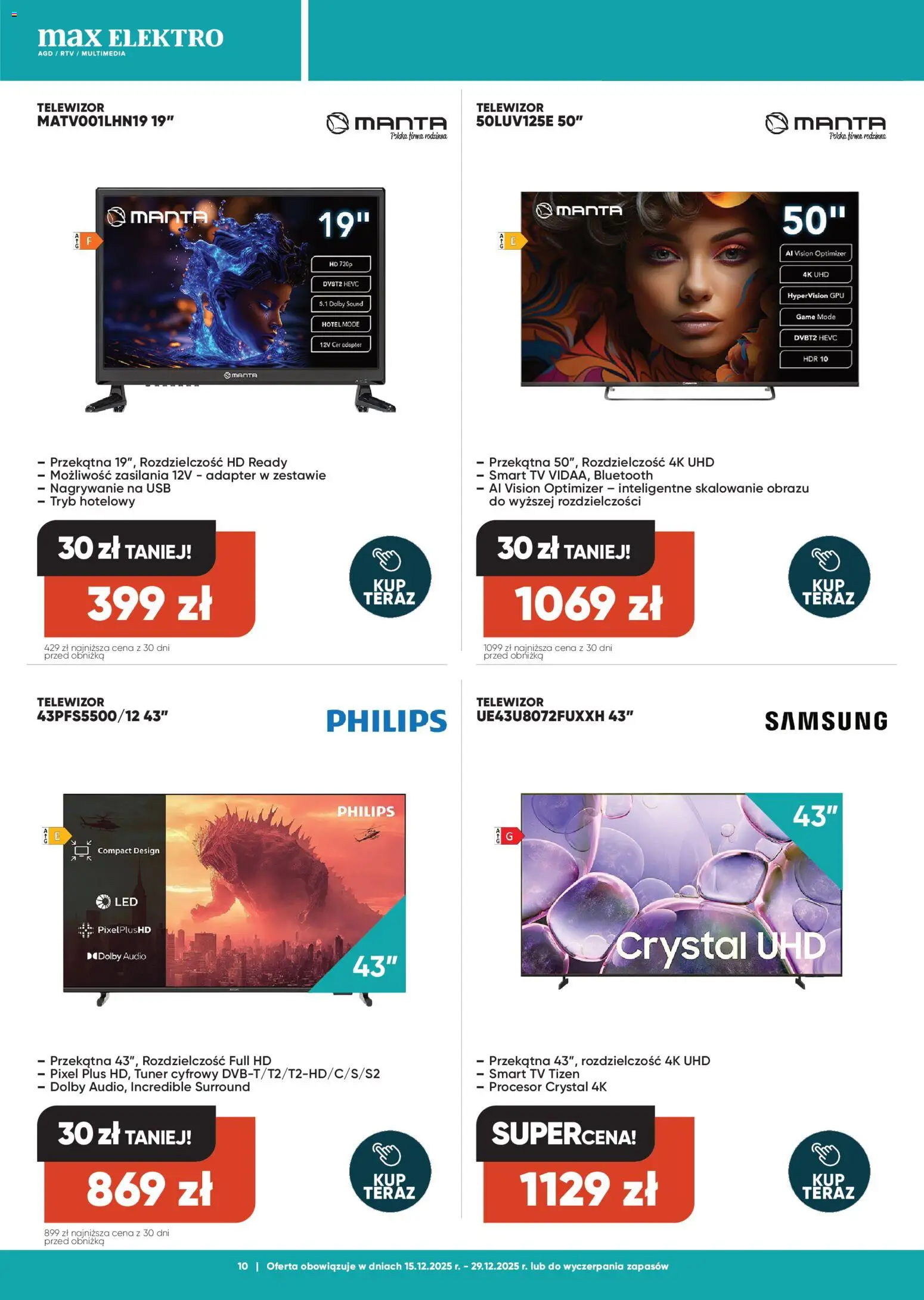 Max elektro Gazetka od 15.12.2025 | Strona: 10 | Produkty: Telewizor, Audio, Adapter, USB