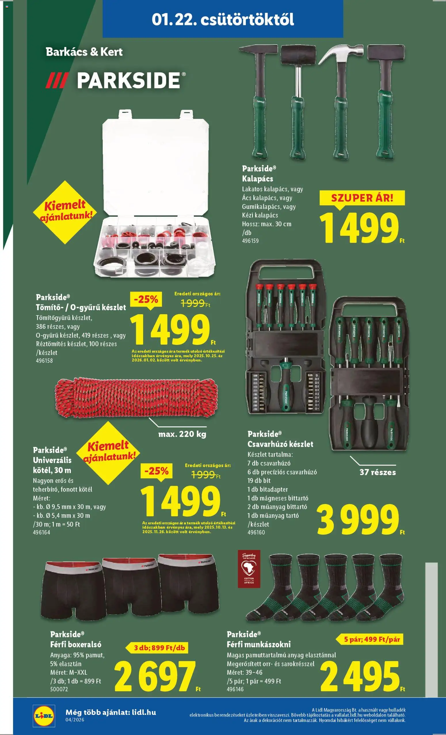 Lidl akciós ujság - amely érvényes a következő dátumtól: 22.01.2026 | Oldal: 24 | Termékek: Parkside, Kötél, Boxeralsó, Csavarhúzó