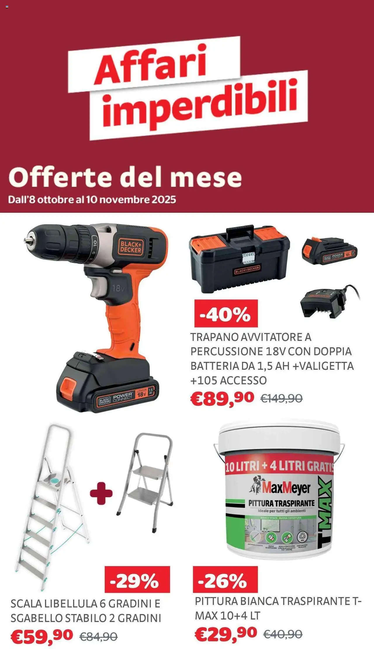 Volantino Brico Center del 08.10.2025 | Pagina: 1 | Prodotti: Sgabello, Trapano, Scala, Batteria