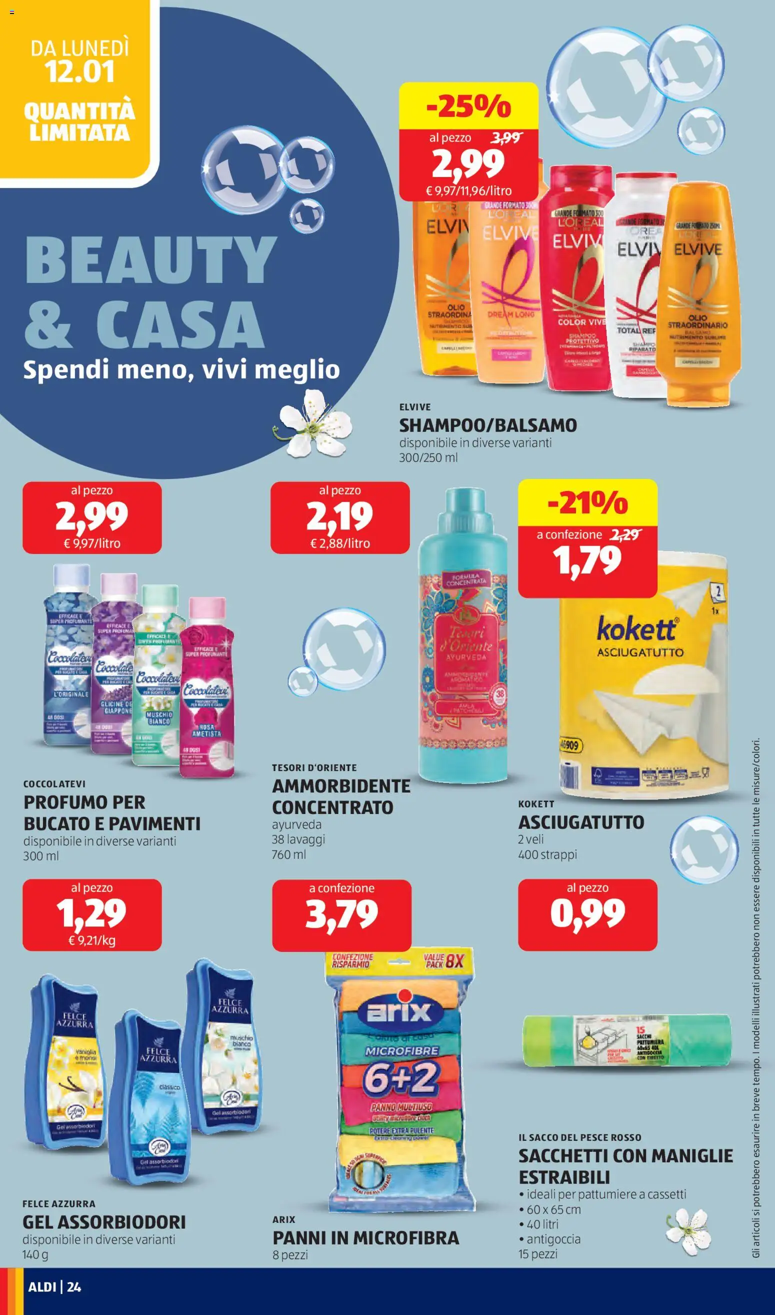 Volantino Aldi del 12.01.2026 | Pagina: 24 | Prodotti: Shampoo, Balsamo, Asciugatutto, Profumo