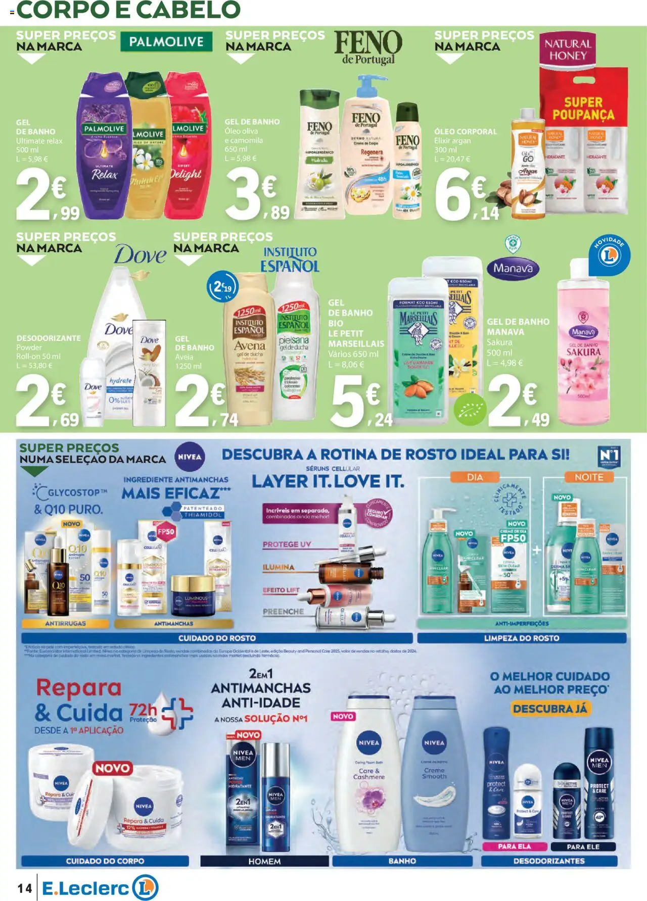 E.Leclerc - Folheto Moda e Beleza │ válido de 16.09.2025 | Página: 14 | Produtos: Desodorizante, Banho, Óleo, Creme