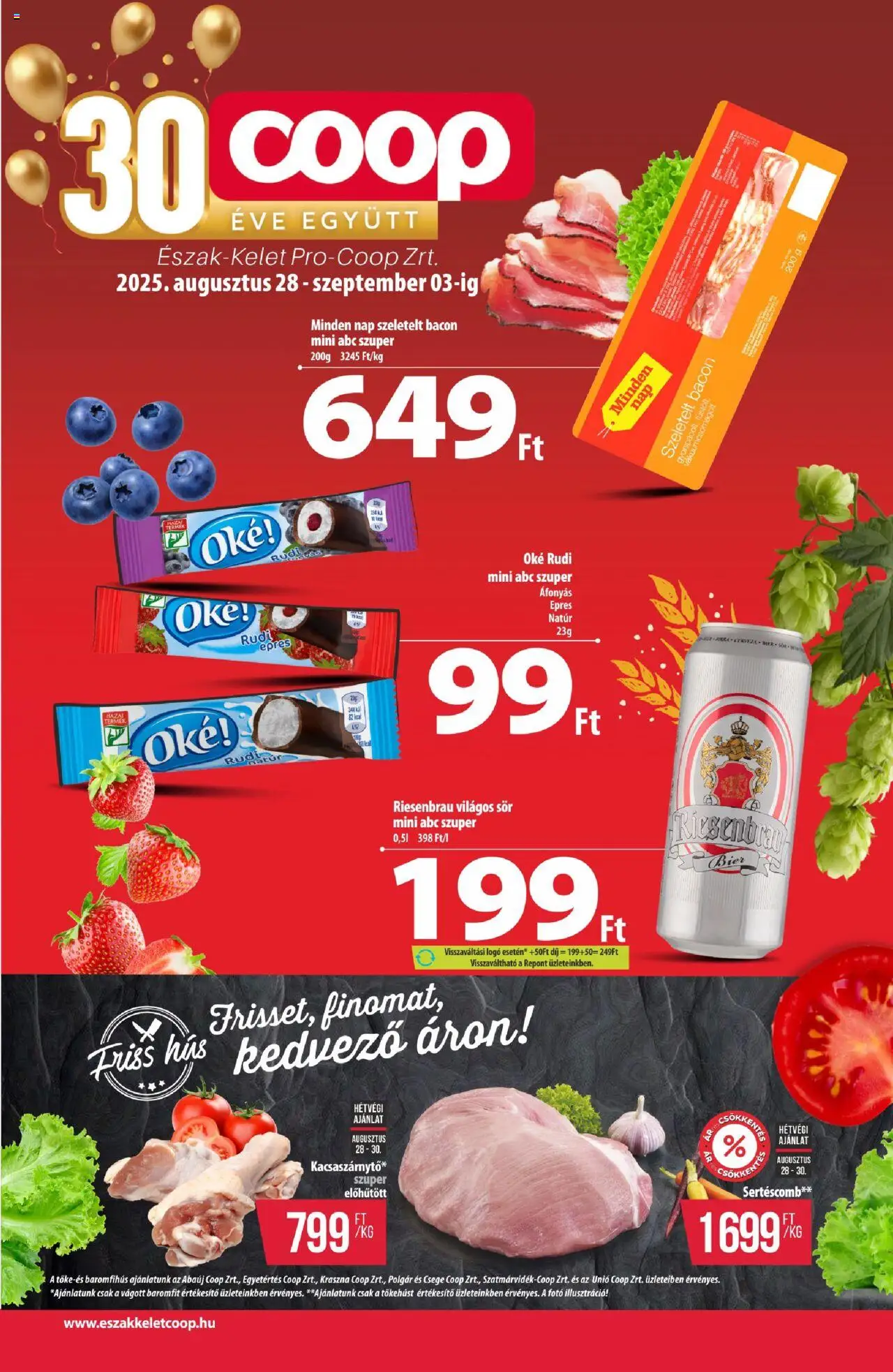 COOP akciós ujság - amely érvényes a következő dátumtól: 28.08.2025 | Oldal: 1 | Termékek: Hús, Sertéscomb, Szeletelt bacon, Bacon
