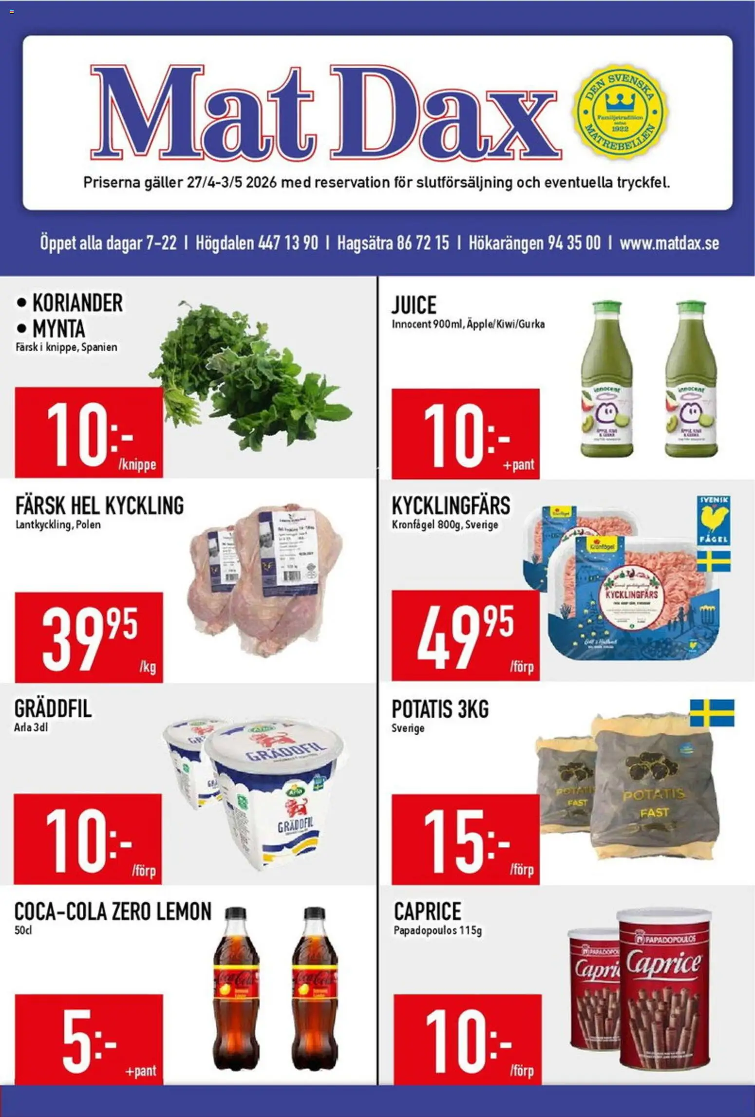 Matdax reklamblad aktuell från 27.04.2026 | Sida: 1 | Produkter: Galler, Juice, Mynta, Koriander