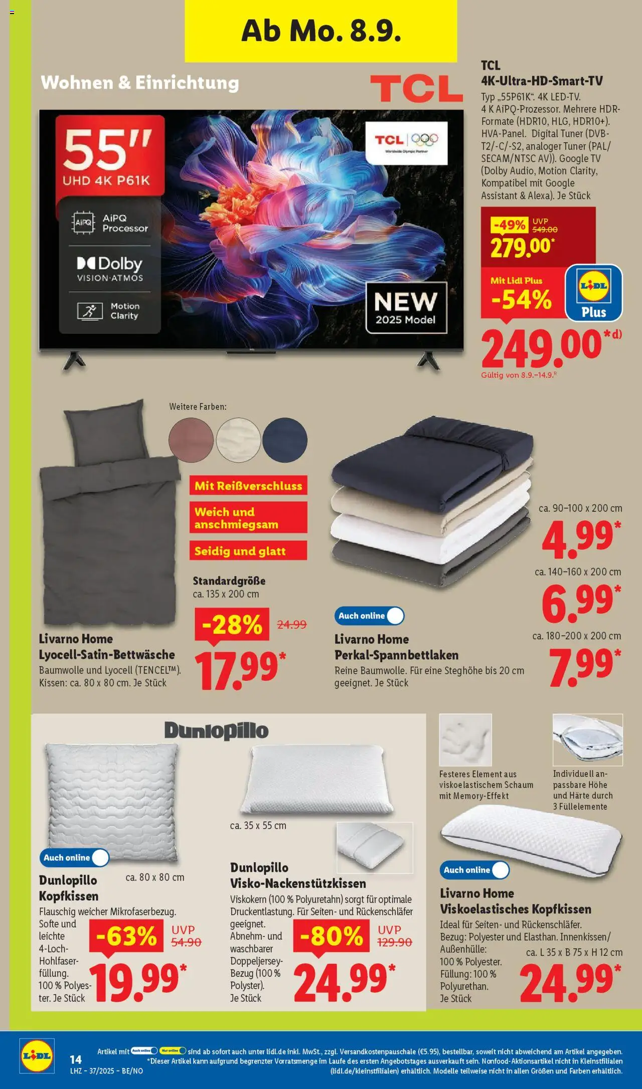 Lidl - Prospekt Holzminden – gültig ab 08.09.2025 | Seite: 22 | Produkte: Kissen, Kopfkissen, TV