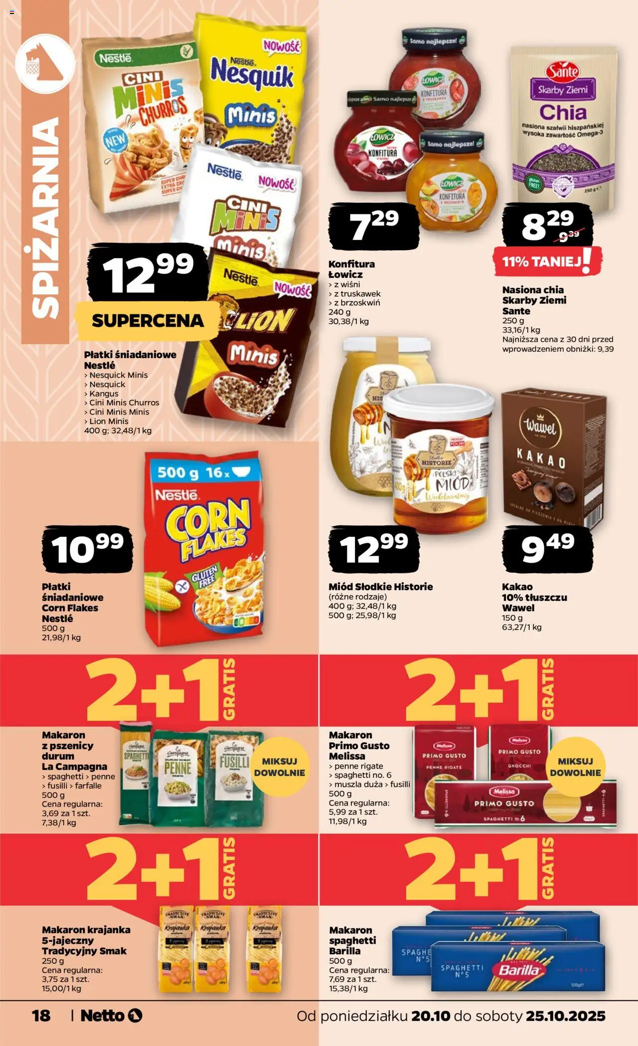 Netto gazetka - Spożywcza od 20.10.2025 | Strona: 18 | Produkty: Miód, Kakao, Płatki śniadaniowe, Płatki