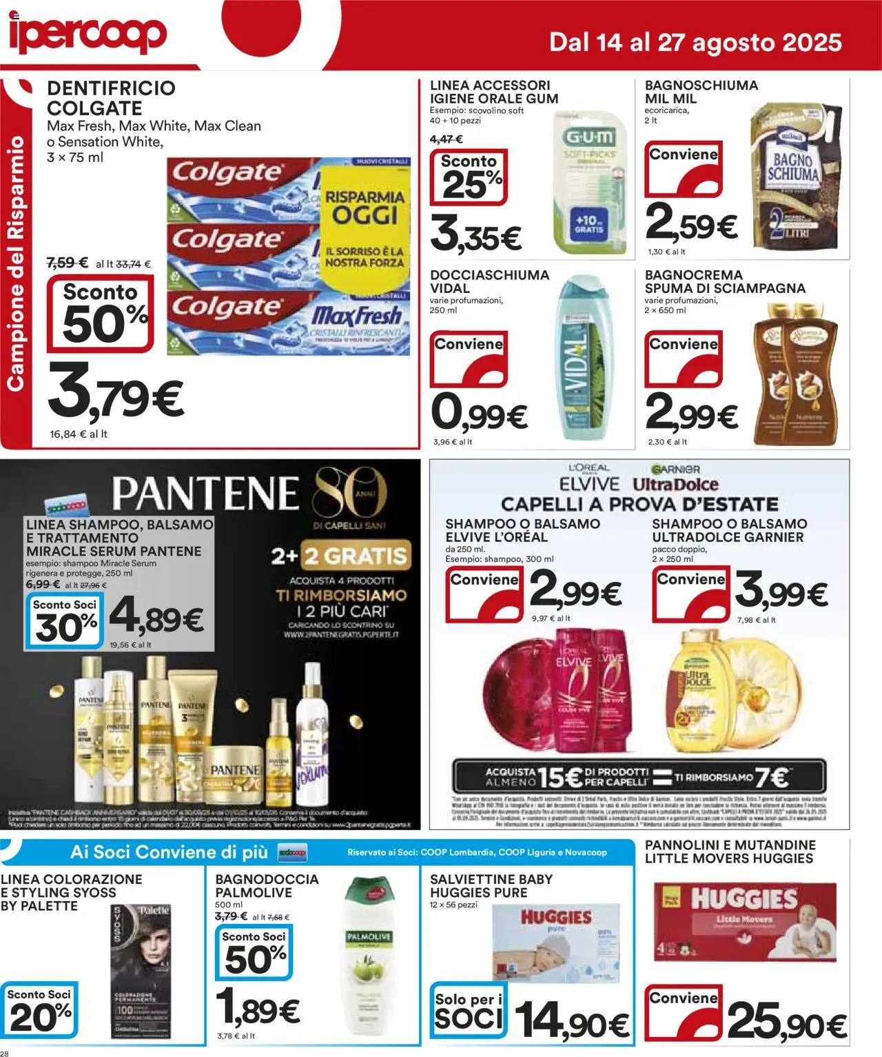 Volantino Ipercoop del 14.08.2025 | Pagina: 28 | Prodotti: Shampoo, Bagnoschiuma, Dentifricio, Bagno