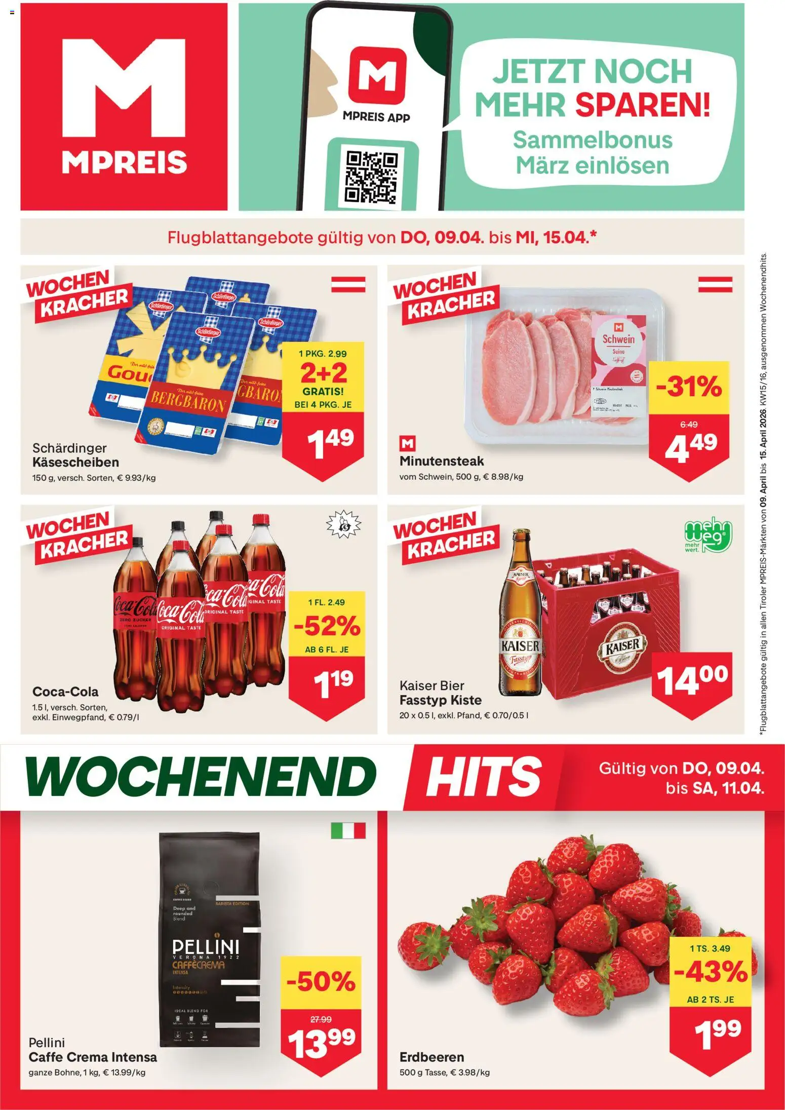 MPREIS Flugblatt gültig ab 09.04.2026 | Seite: 1 | Produkte: Erdbeeren, Zucker, Bier