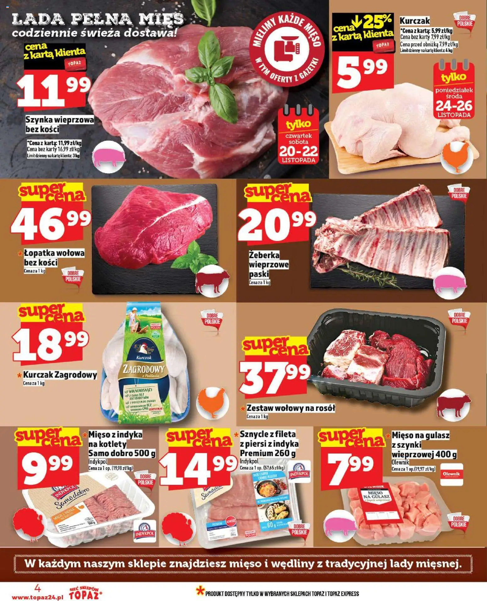 Topaz Gazetka MAZ od 20.11.2025 | Strona: 4 | Produkty: Karta, Mięso, Kurczak zagrodowy, Mięso na gulasz