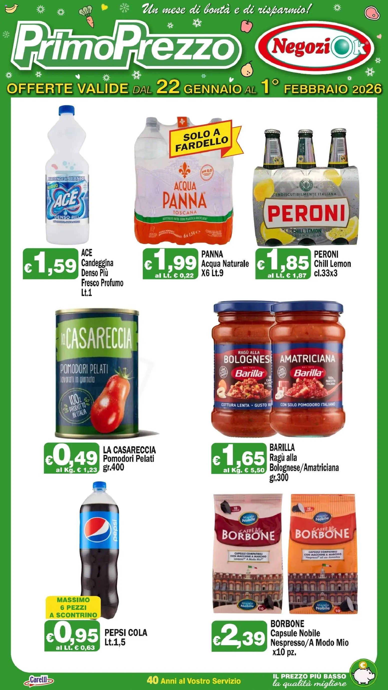 Volantino Primo Prezzo del 22.01.2026 | Pagina: 3 | Prodotti: Candeggina, Pomodoro, Lavazza, Pepsi