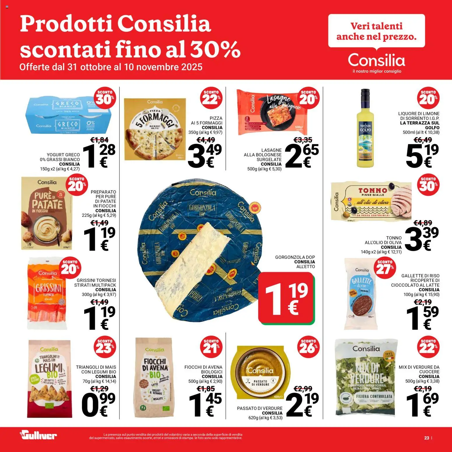 Volantino Gulliver del 31.10.2025 | Pagina: 23 | Prodotti: Pizza, Fiocchi, Latte, Spinaci