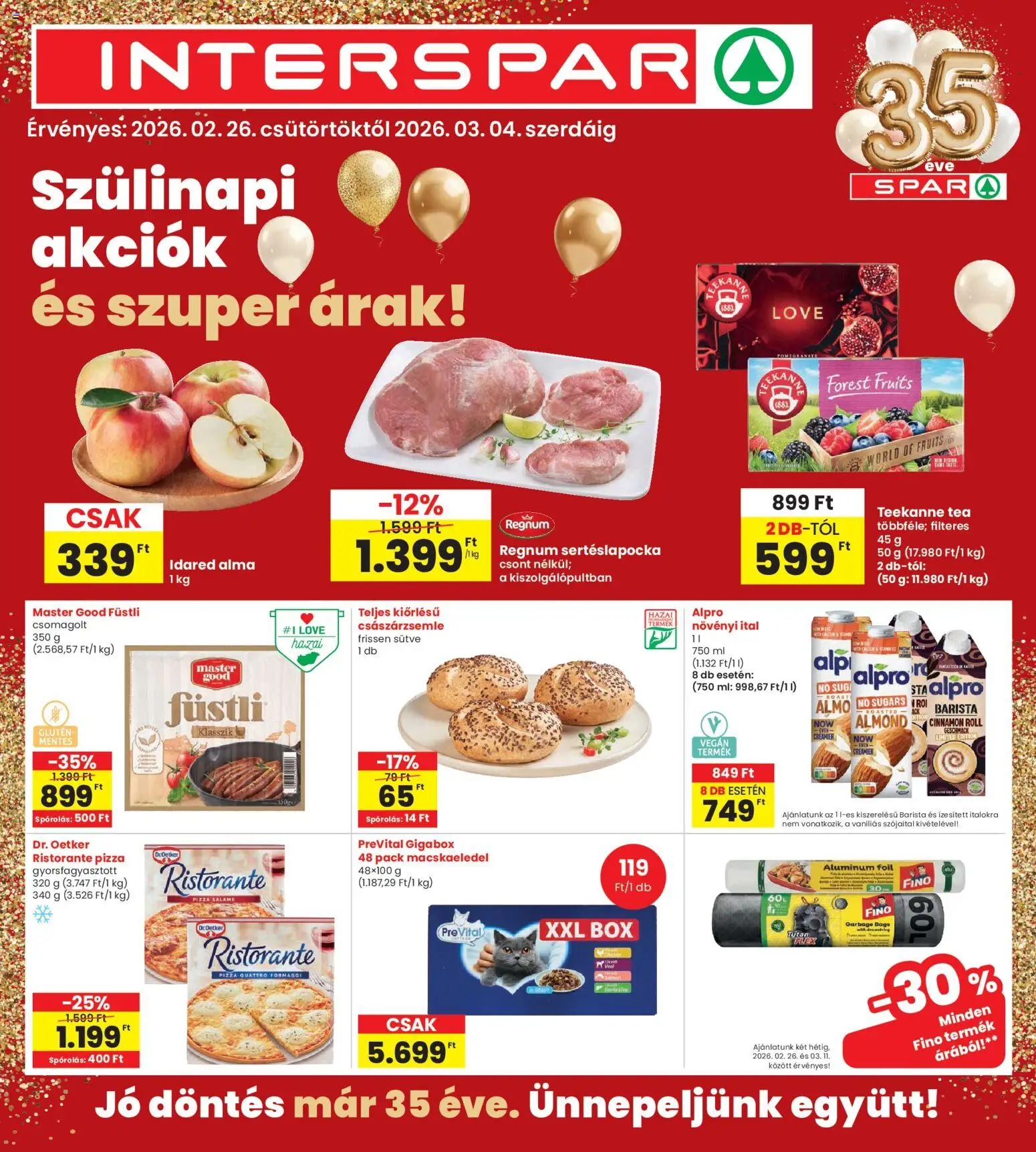 Interspar akciós ujság - amely érvényes a következő dátumtól: 26.02.2026 | Oldal: 1 | Termékek: Macskaeledel, Császárzsemle, Szójaital, Pizza