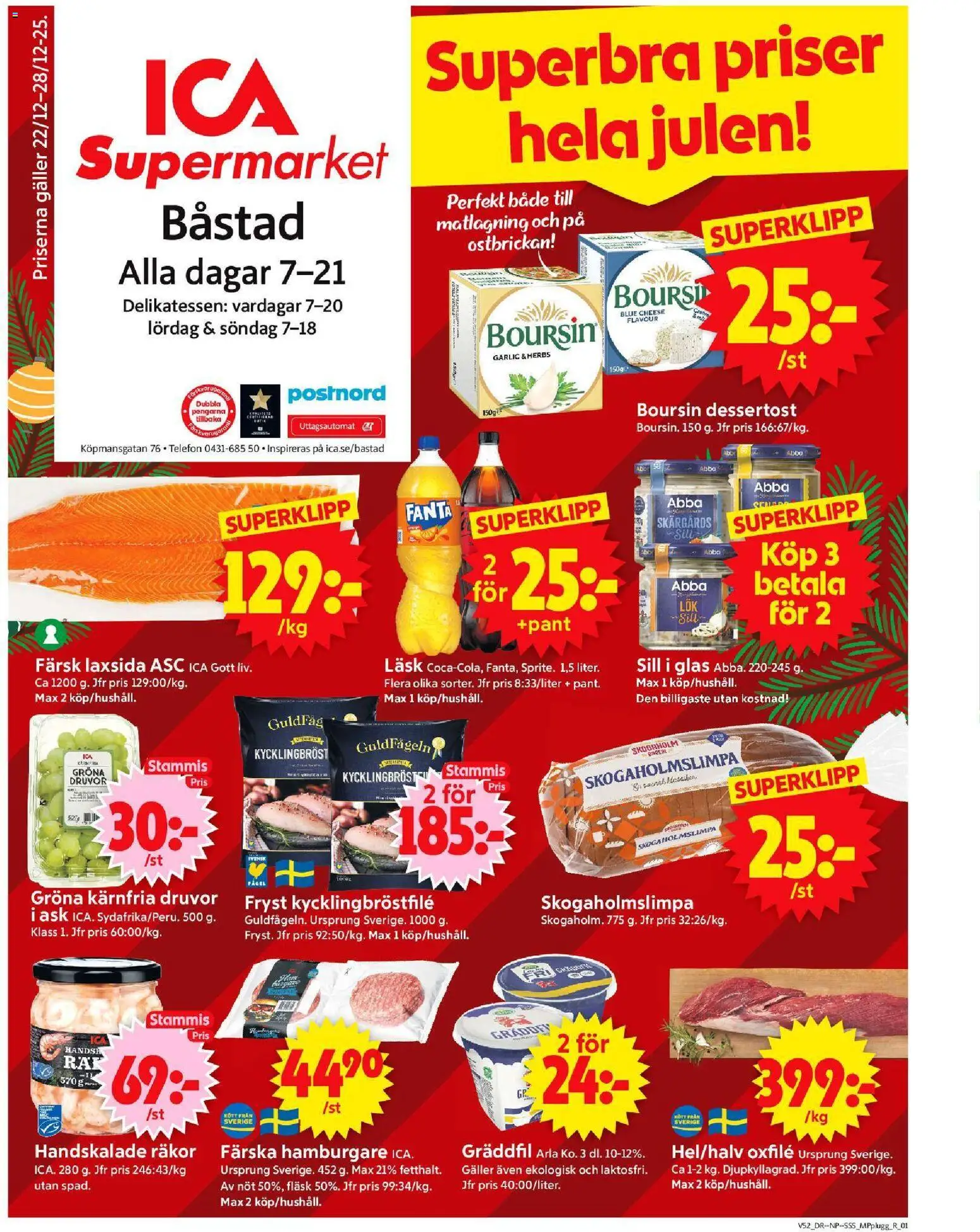 ICA Supermarket reklamblad aktuell från 22.12.2025 | Sida: 1 | Produkter: Sill, Fanta, Gräddfil, Telefon