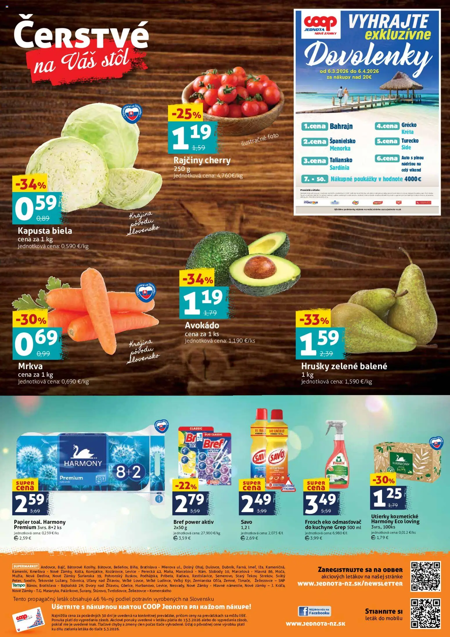 Nové COOP Jednota akcie – leták je platný od 13.03.2026 | Strana: 4 | Produkty: Stôl, Kapusta, Avokádo, Hrušky