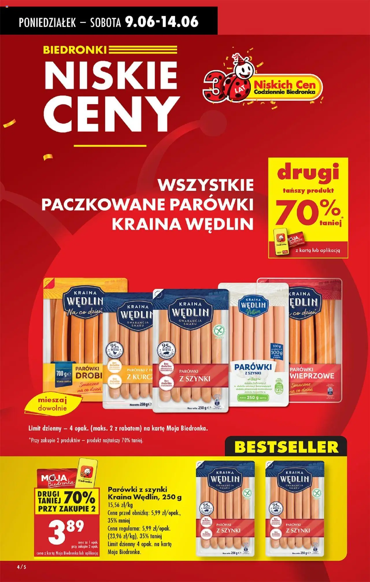 Biedronka gazetka od 09.06.2025 | Strona: 4 | Produkty: Karta, Parówki wieprzowe, Parówki, Parówki kraina wędlin