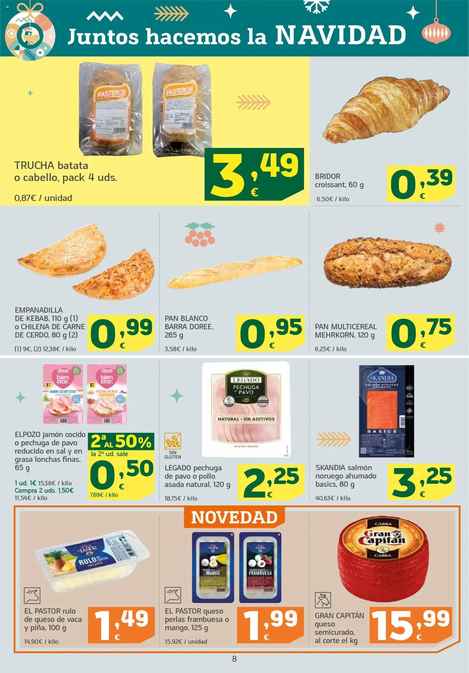 HiperDino folleto │ válido desde el 25.11.2025 | Página: 8 | Productos: Queso de vaca, Pan, Jamón, Jamón cocido