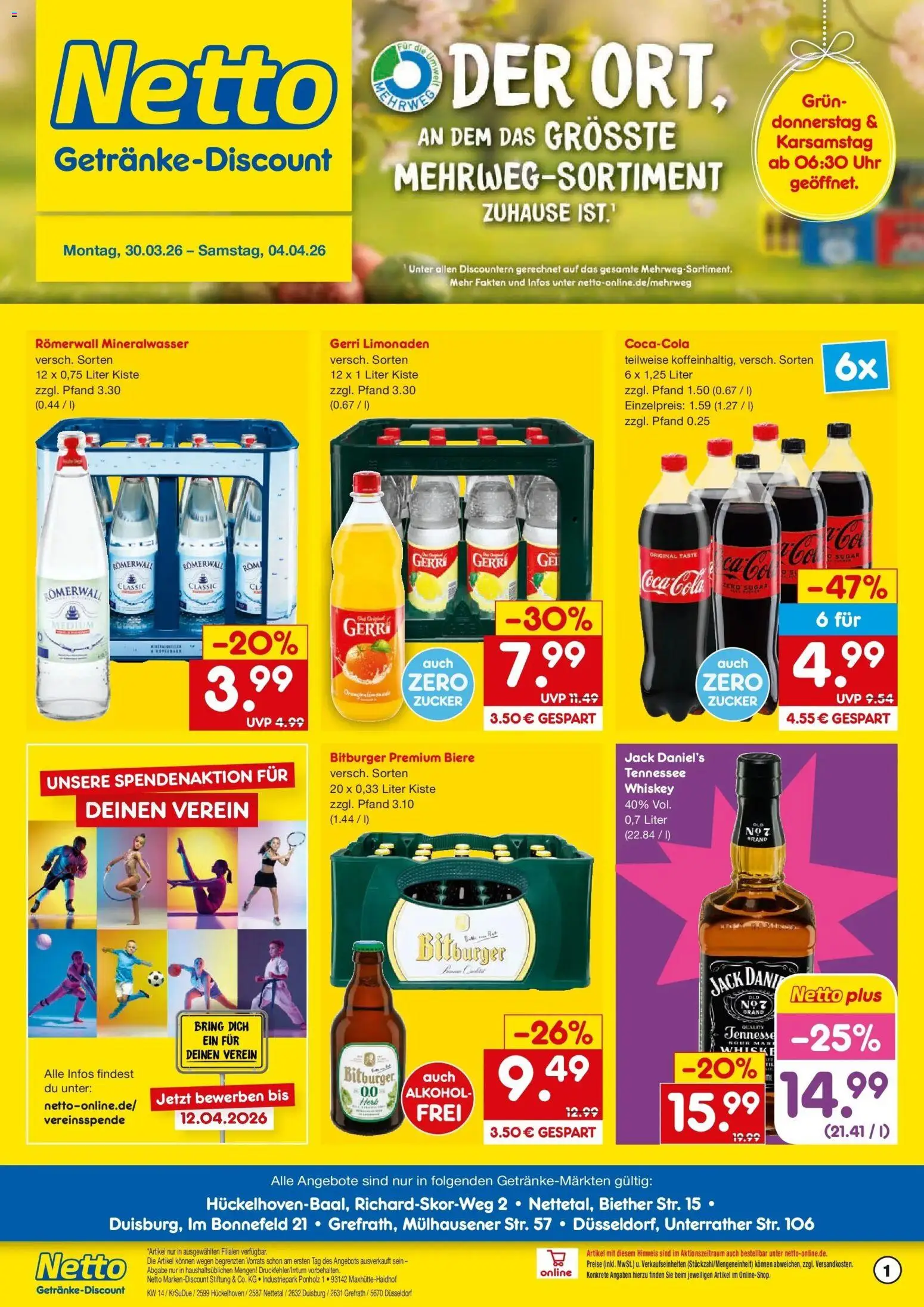 Netto Marken-Discount Prospekt Hückelhoven-Baal	 – gültig ab 30.03.2026 | Seite: 1 | Produkte: Bitburger, Cola, Whiskey, Uhr