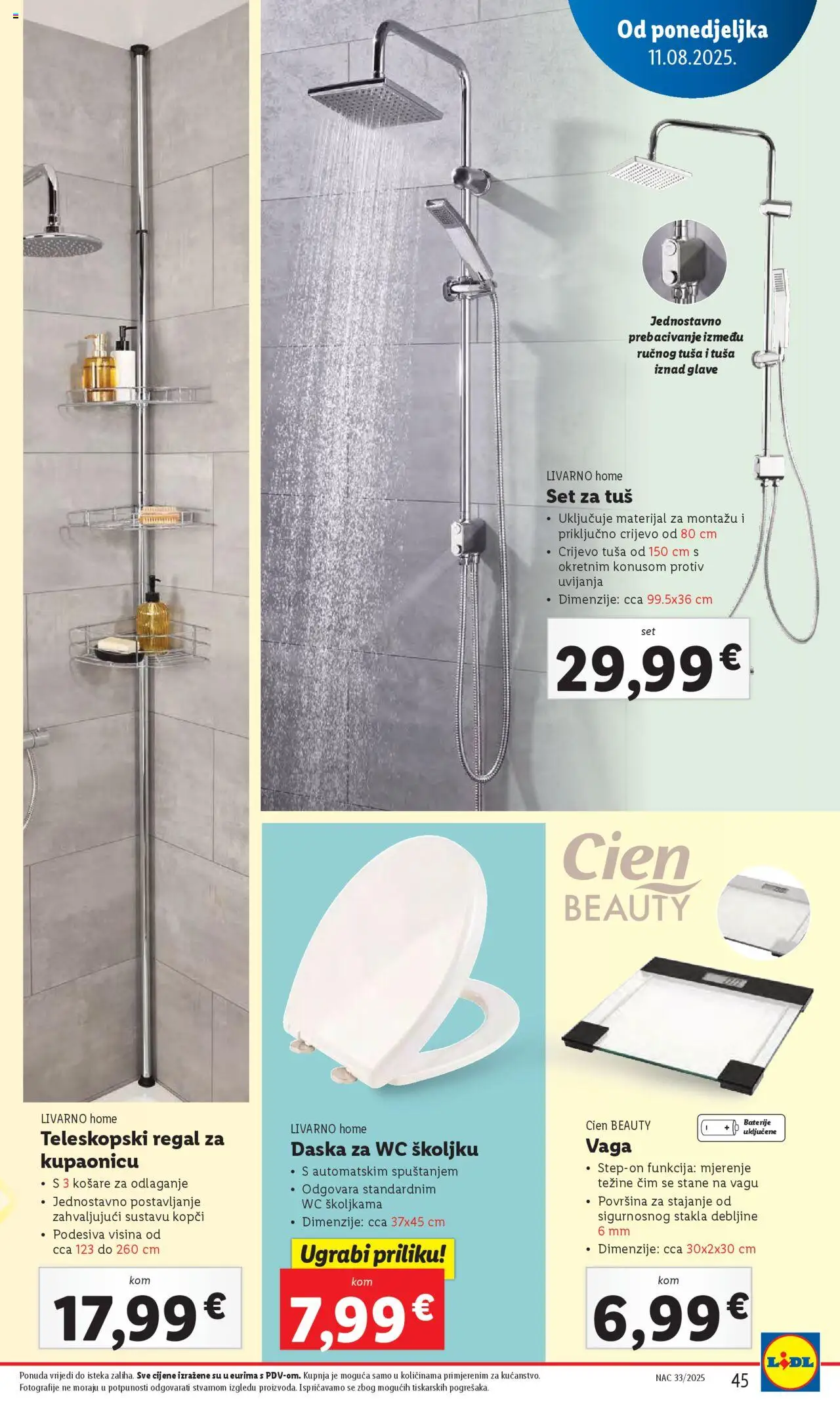 Lidl katalog | vrijedi od 11.08.2025 | Stranica: 45 | Proizvodi: Tuš, Baterije, Košare, Vaga