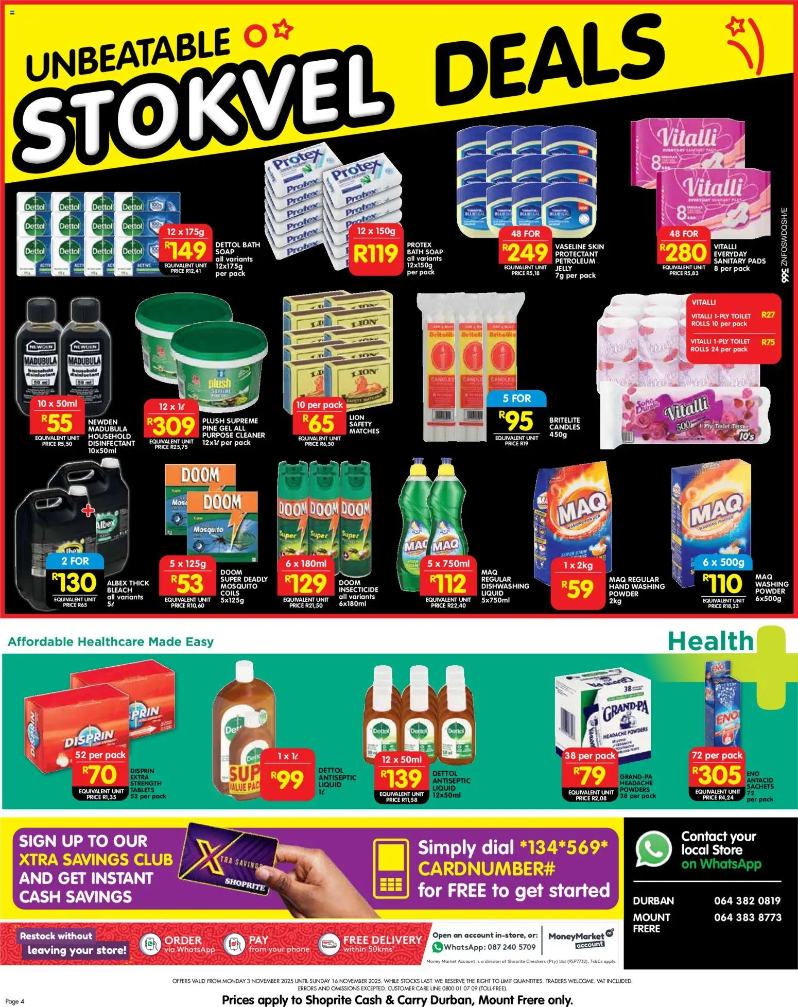 New Shoprite catalogue – valid from 03.11.2025 | Page: 8 | Products: Toilet, Disinfectant, Pads, Soap