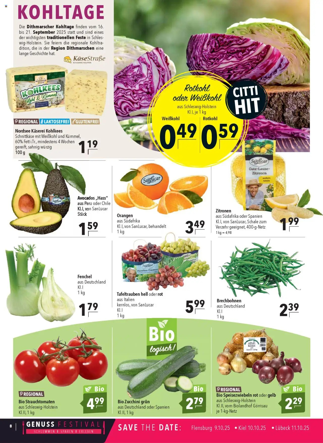 CITTI Markt Prospekt 	 – gültig ab 17.09.2025 | Seite: 8 | Produkte: Rotkohl, Orangen, Zucchini, Zitronen