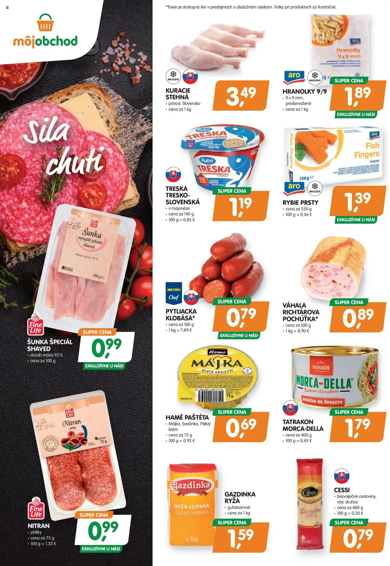 Nové Môj obchod akcie – leták je platný od 10.10.2025 | Strana: 2 | Produkty: Šunka, Ryba, Krém, Špagety