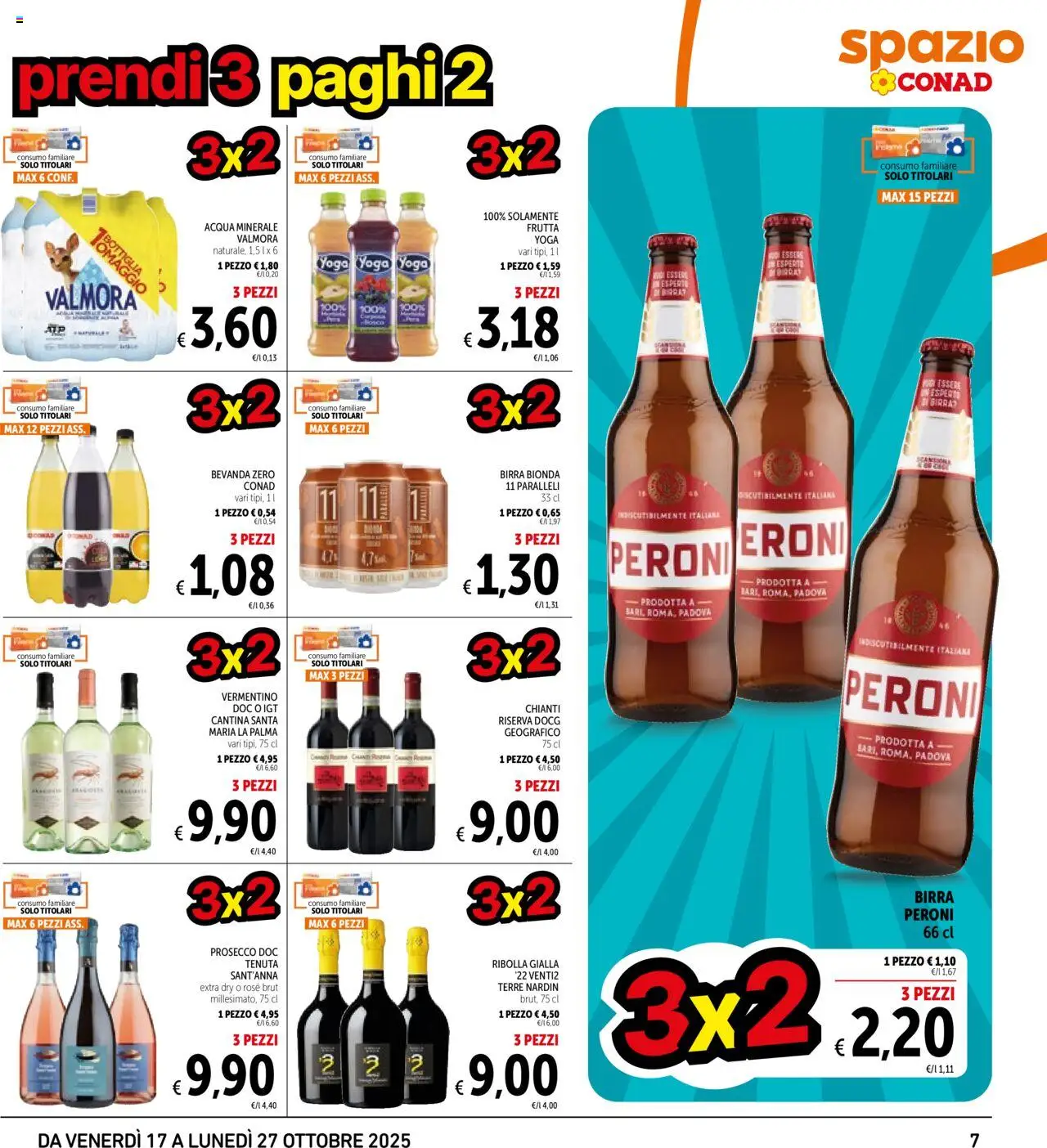 Volantino Spazio Conad del 17.10.2025 | Pagina: 7 | Prodotti: Birra, Prosecco, Acqua, Frutta
