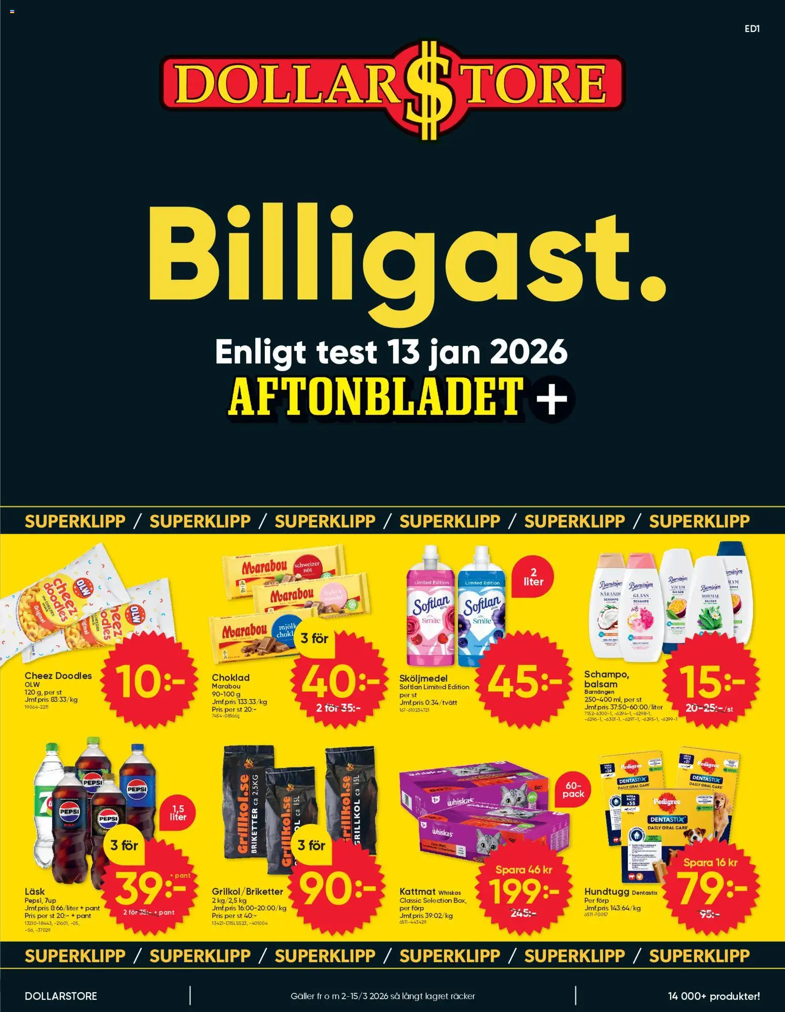Dollar Store reklamblad aktuell från 02.03.2026 | Sida: 1 | Produkter: Grillkol, Sköljmedel, Pepsi, Mjölk