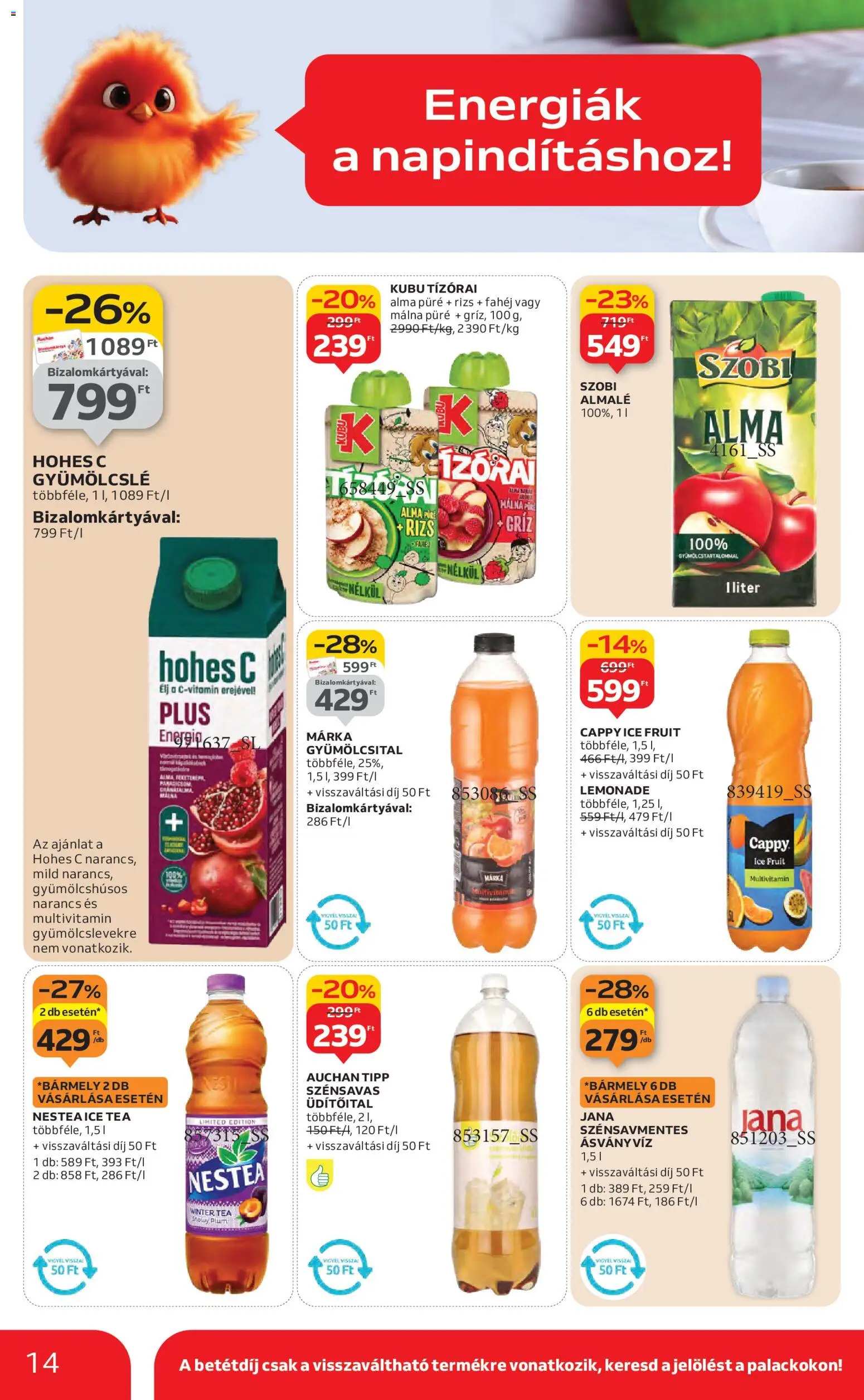 Auchan akciós ujság - amely érvényes a következő dátumtól: 22.01.2026 | Oldal: 14 | Termékek: Gyümölcsital, Hohes c, Alma, Multivitamin