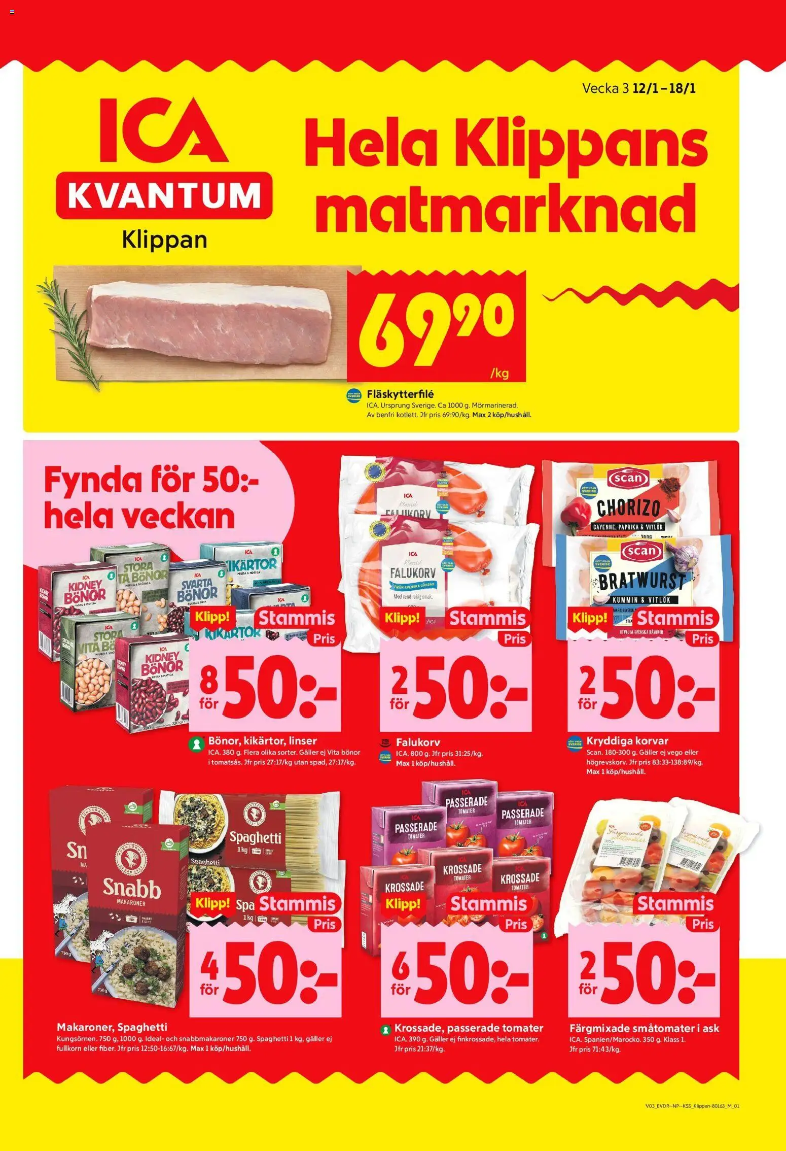 ICA Kvantum reklamblad aktuell från 12.01.2026 | Sida: 1 | Produkter: Svarta bönor, Falukorv, Fläskytterfilé, Makaroner