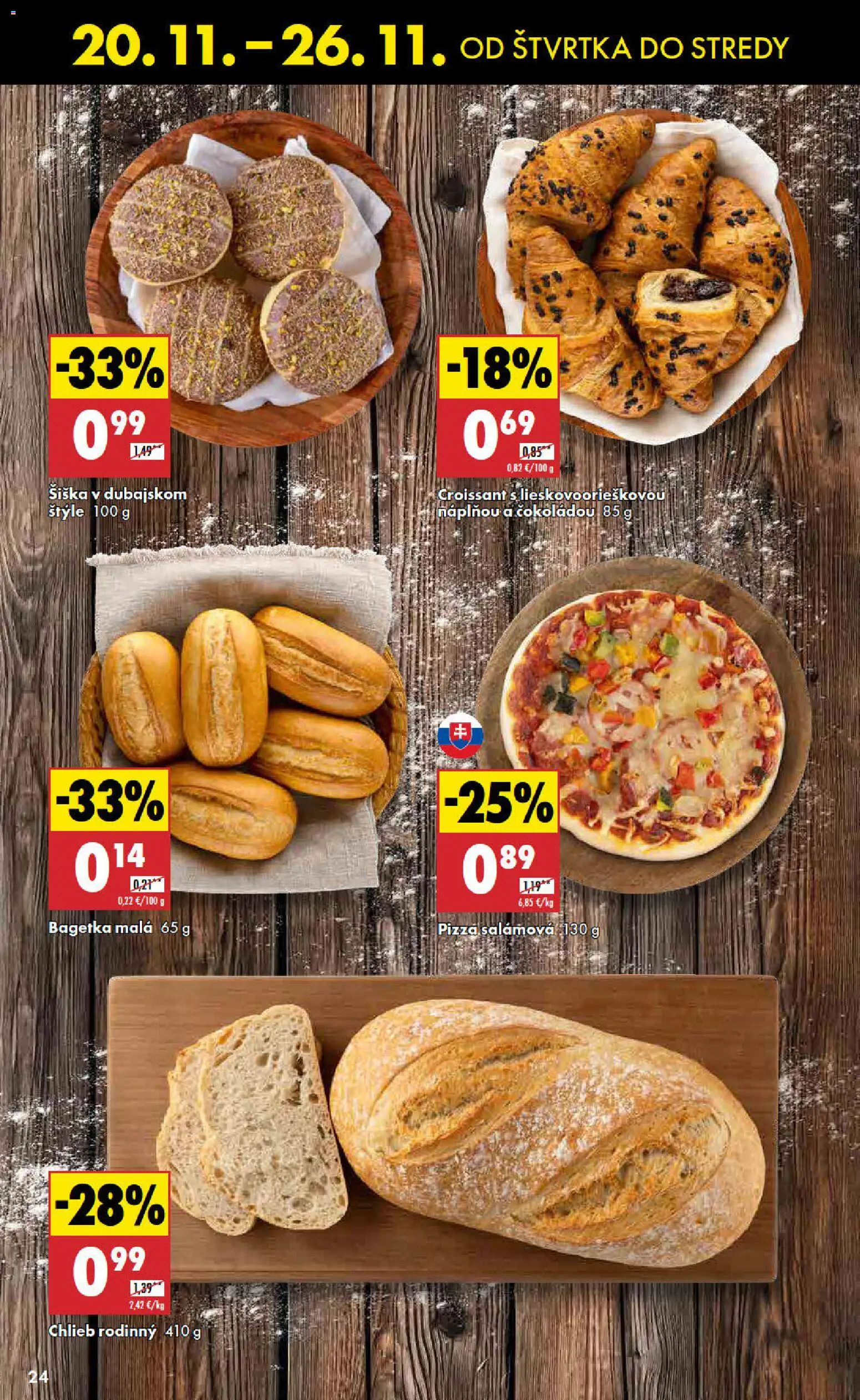 Nové Biedronka akcie – leták je platný od 20.11.2025 | Strana: 24 | Produkty: Chlieb, Pizza, Croissant