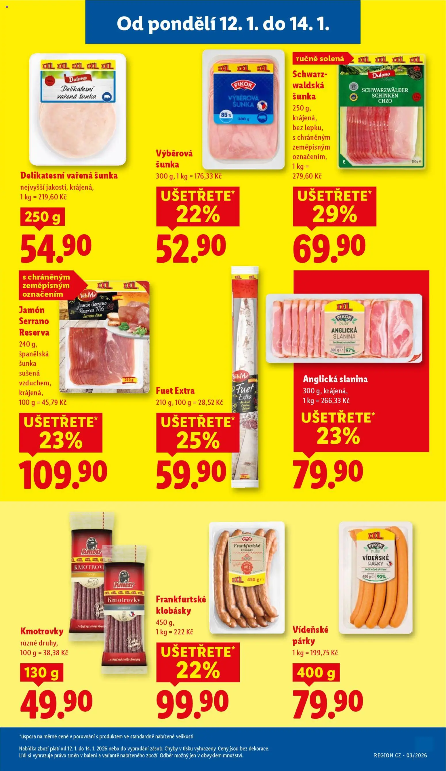 Lidl leták od 12.01.2026 | Strana: 15 | Produkty: Jamón Serrano, Jamon, Klobásky, Slanina
