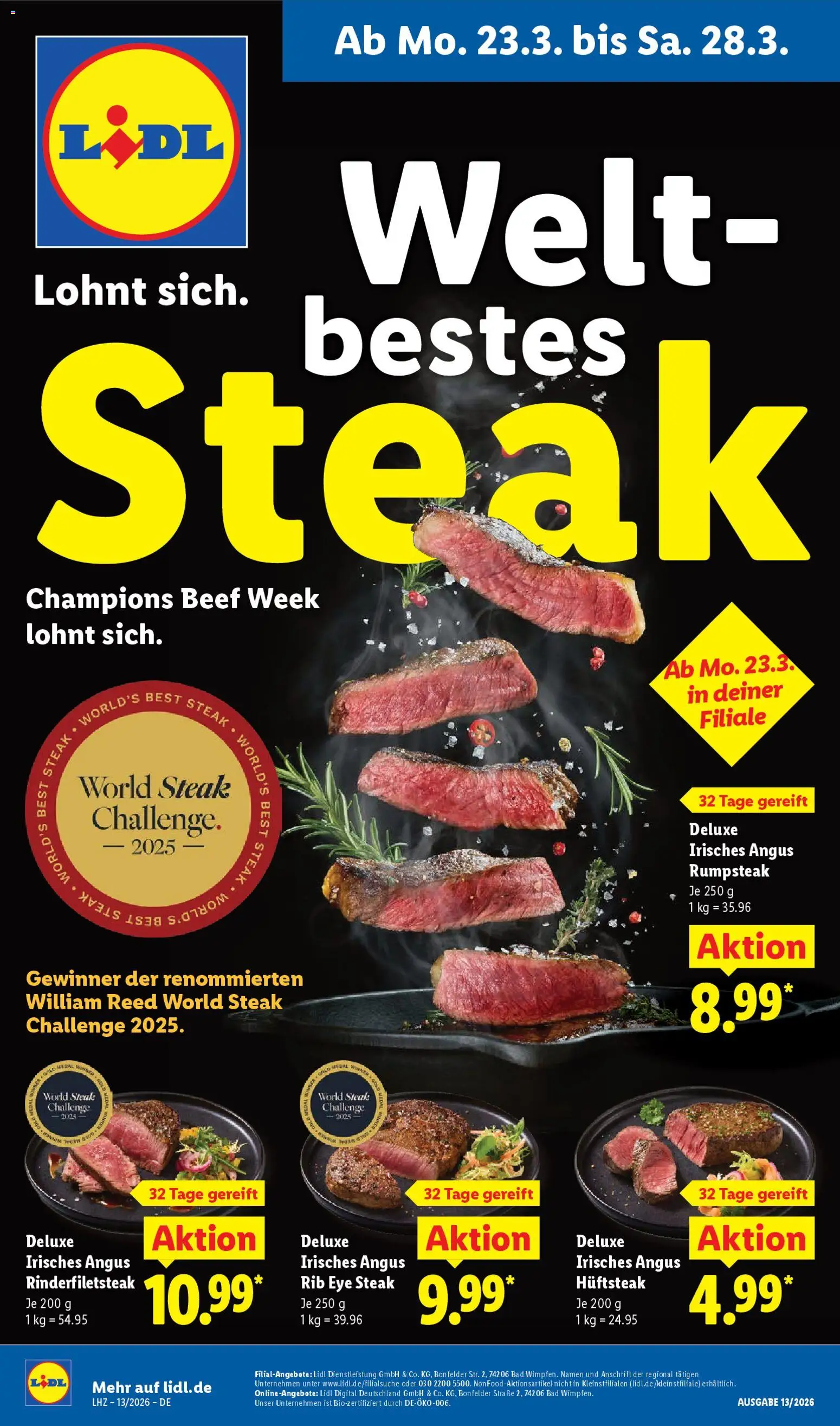 Lidl Německo leták od 23.03.2026 | Strana: 1 | Produkty: Rumpsteak, Steak, Deluxe