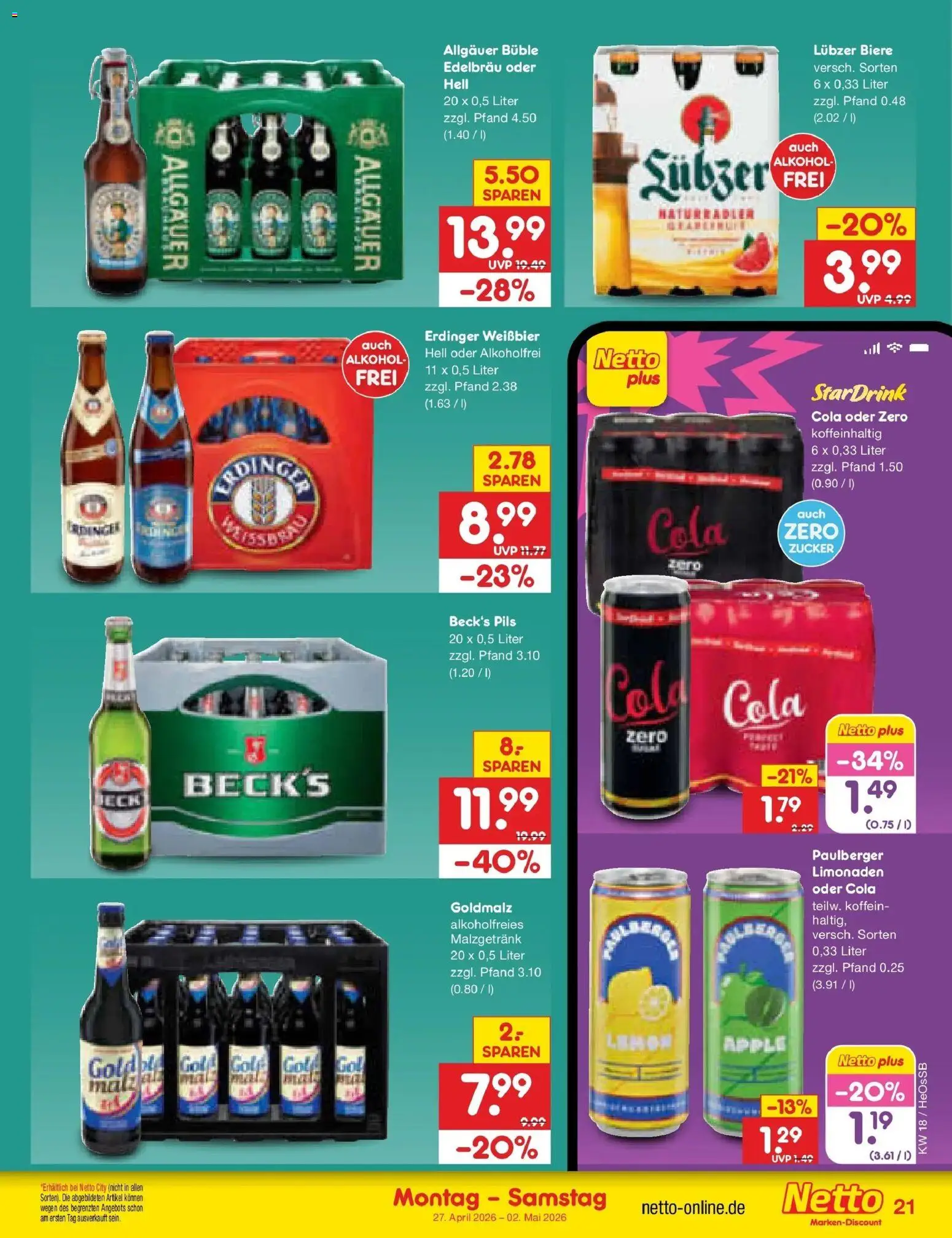 Netto Marken-Discount Prospekt Kröpelin	 – gültig ab 27.04.2026 | Seite: 25 | Produkte: Erdinger, Cola, Weißbier, Zucker