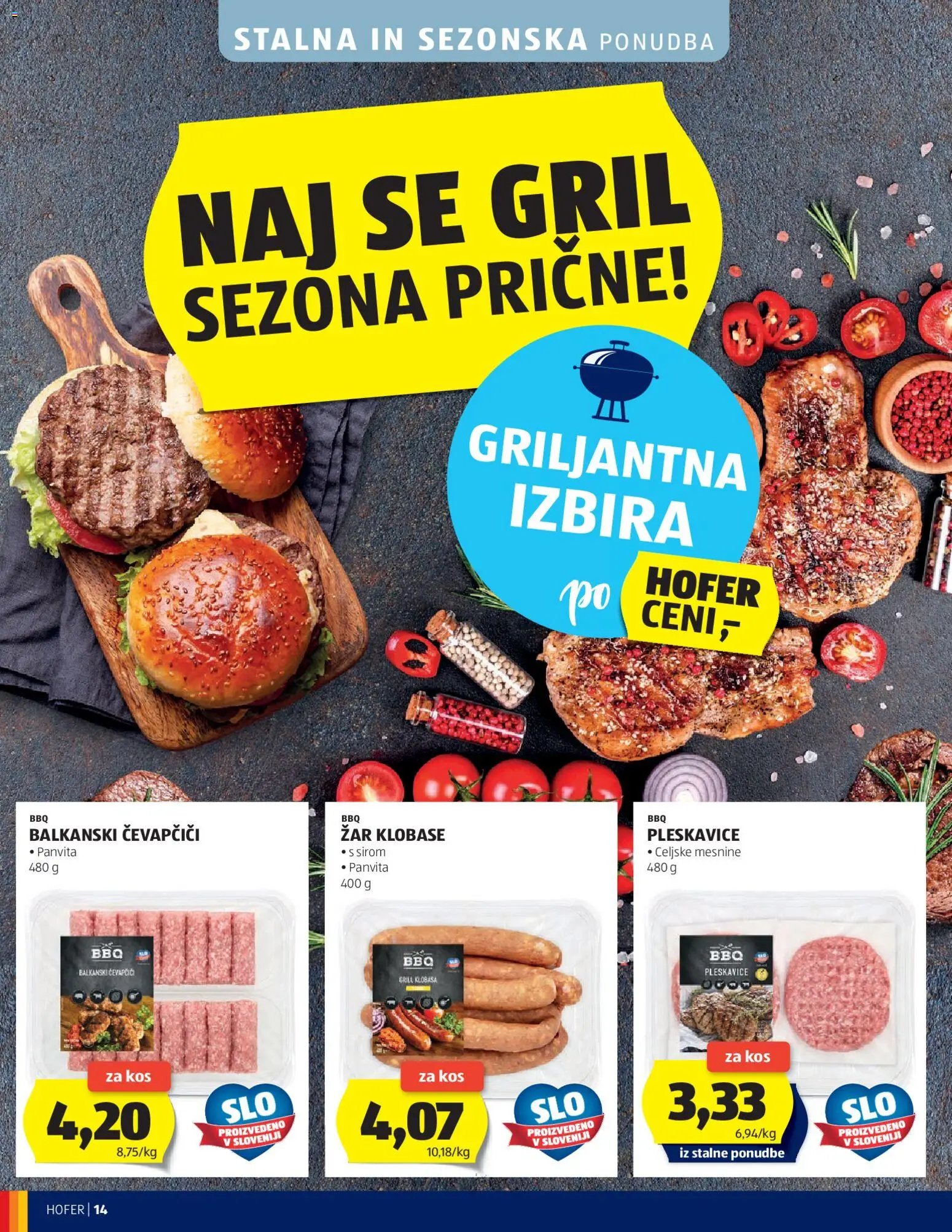 Novi Hofer katalog ponudbe – veljaven od 15.04.2026 | Stran: 14 | Izdelki: Zar, Pleskavice, Grill, Klobase