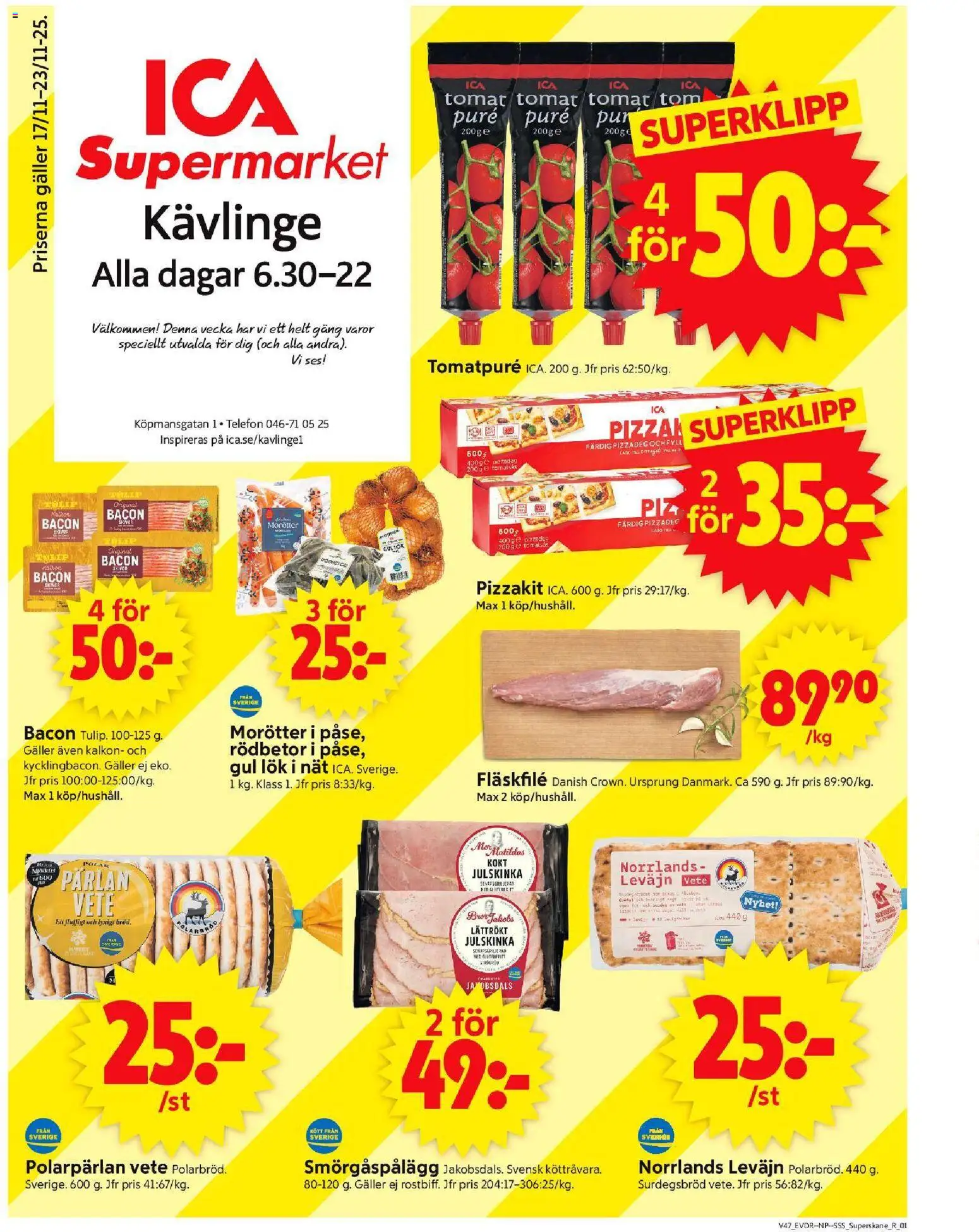 ICA Supermarket reklamblad aktuell från 17.11.2025 | Sida: 1 | Produkter: Galler, Tomatpure, Gul lök, Telefon