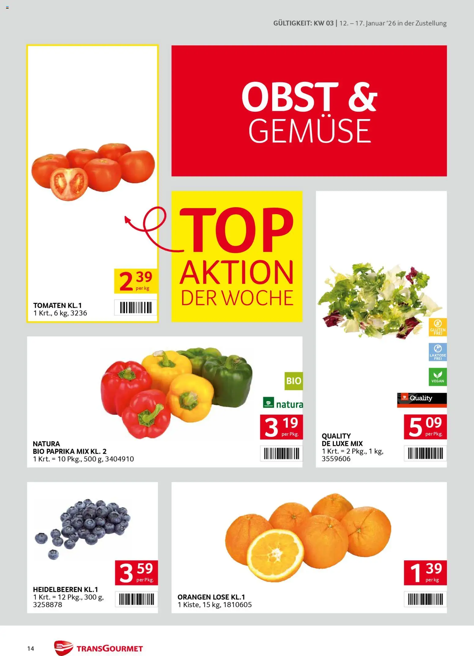 Transgourmet Zustellaktion gültig ab 12.01.2026 | Seite: 14 | Produkte: Gemüse, Obst, Orangen, Tomaten