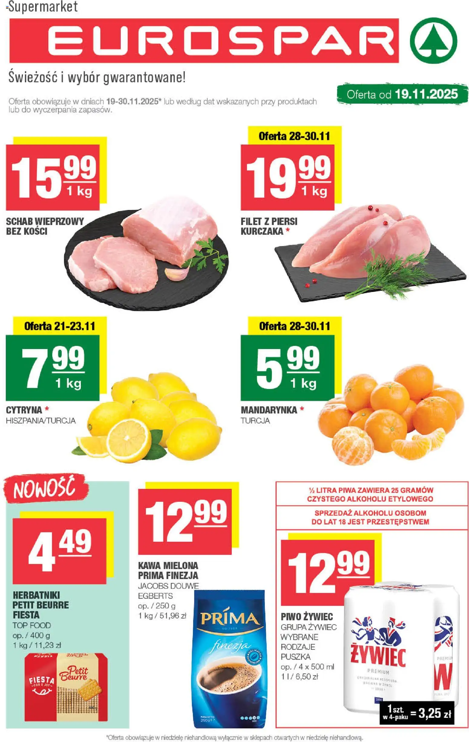 Spar Gazetka - Eurospar od 19.11.2025 | Strona: 1 | Produkty: Schab wieprzowy, Herbatniki, Kawa, Piwo