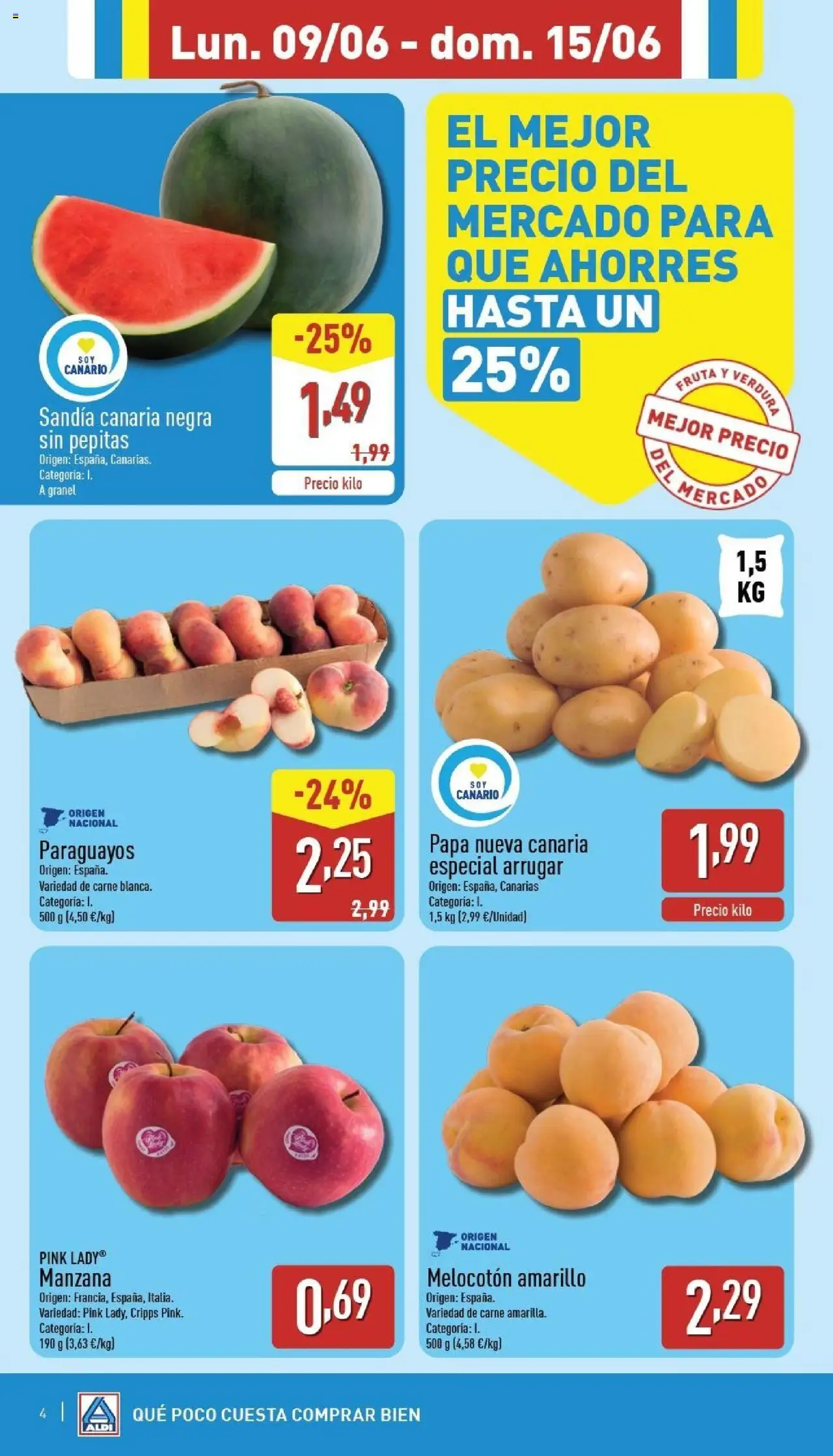 Aldi folleto Canarias │ válido desde el 09.06.2025 | Página: 4 | Productos: Manzana, Apple, Sandía, Melocotón amarillo