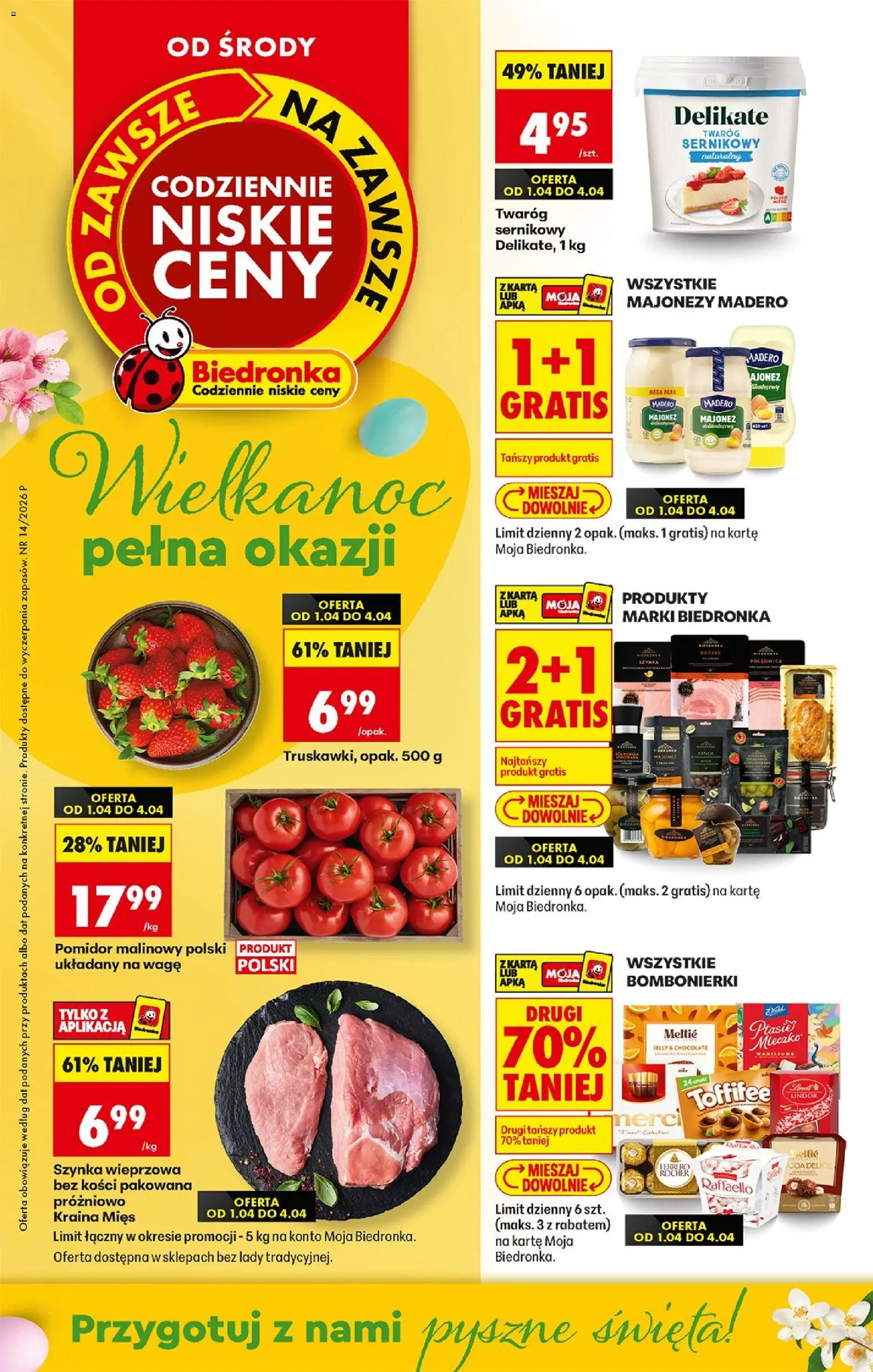 Biedronka gazetka od środy od 01.04.2026 | Strona: 1 | Produkty: Kraina mięs, Szynka, Truskawki, Majonez