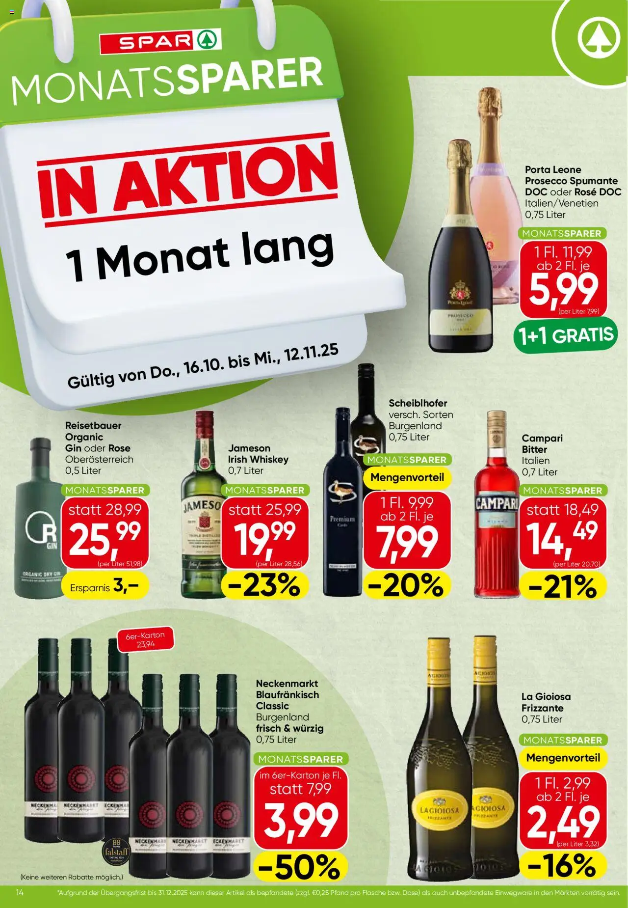 Spar Flugblatt - Vorarlberg gültig ab 16.10.2025 | Seite: 14 | Produkte: Gin, Whiskey, Nauriit