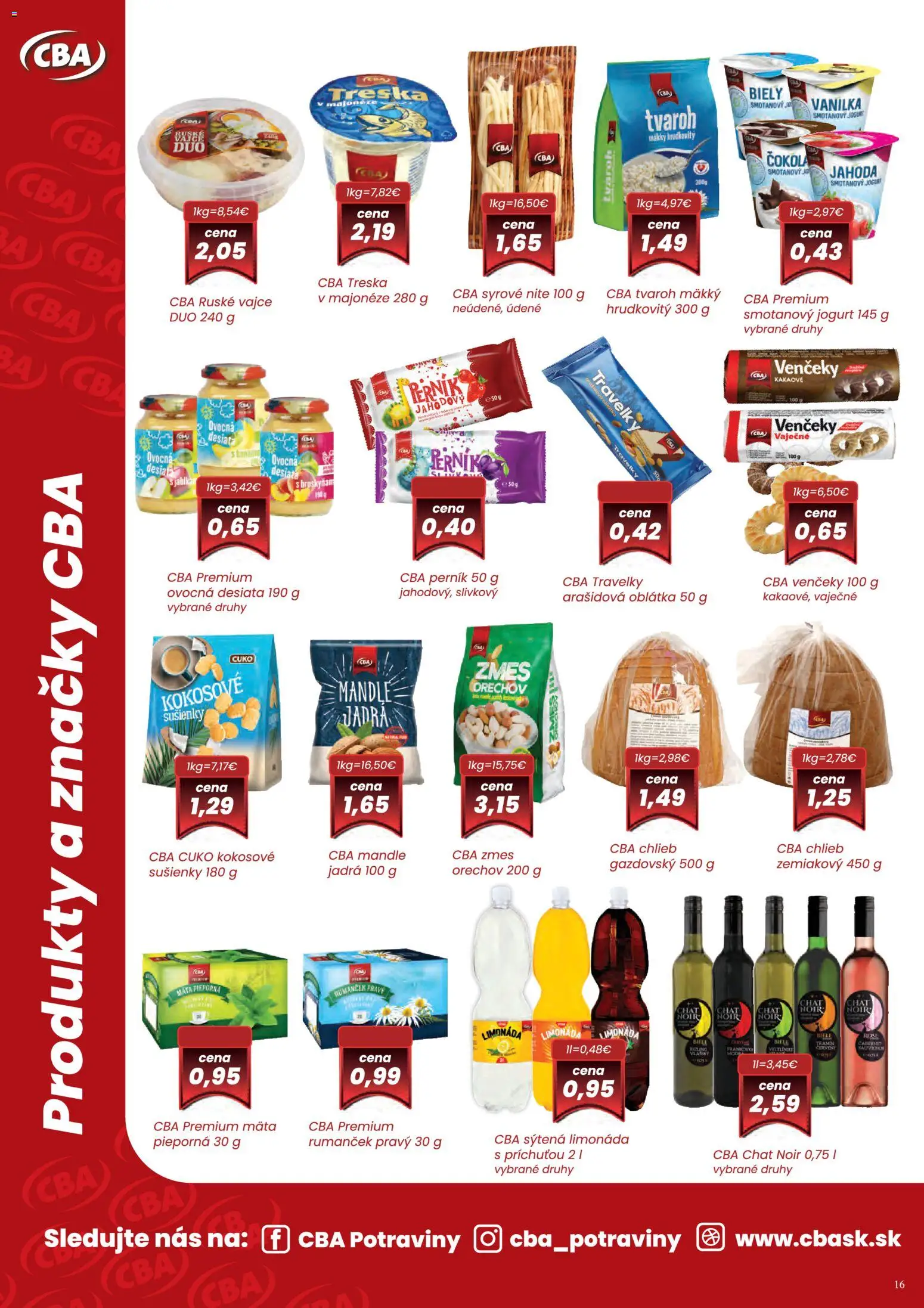 Nové CBA Komfos akcie – leták je platný od 05.03.2026 | Strana: 16 | Produkty: Chlieb, Tvaroh, Treska, Mandle