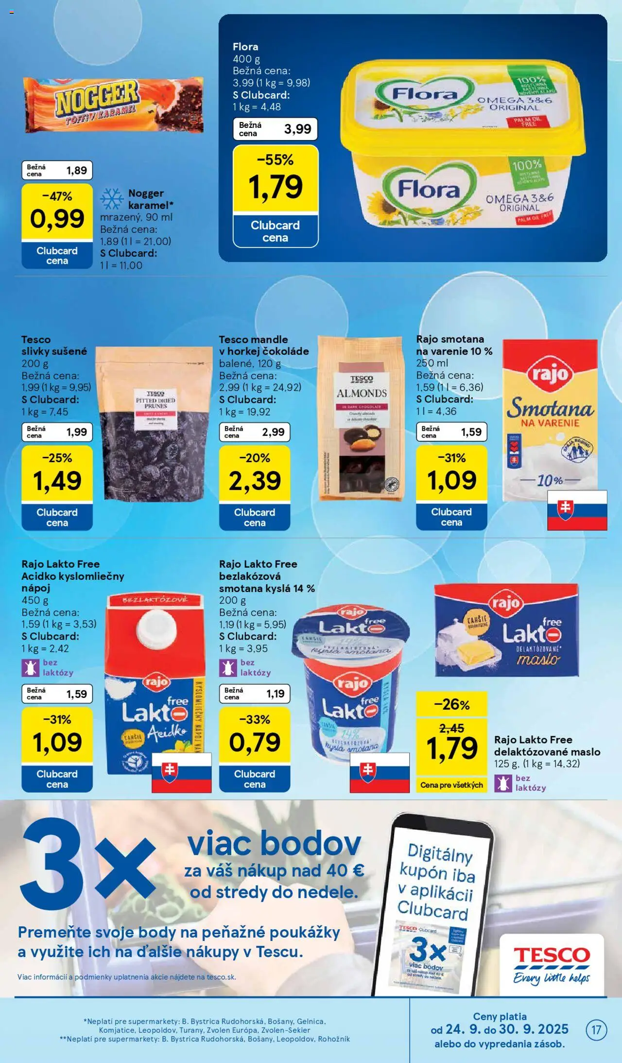 Nové Tesco akcie – leták je platný od 24.09.2025 | Strana: 17 | Produkty: Maslo, Smotana, Flora, Mandle