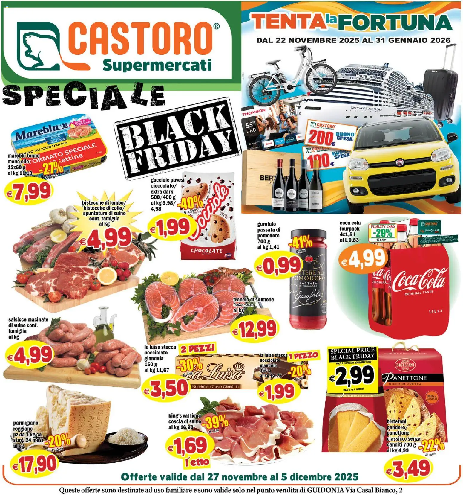 Volantino Il Castoro del 27.11.2025 | Pagina: 1 | Prodotti: Salmone, Pomodoro, Panettone, Coca Cola