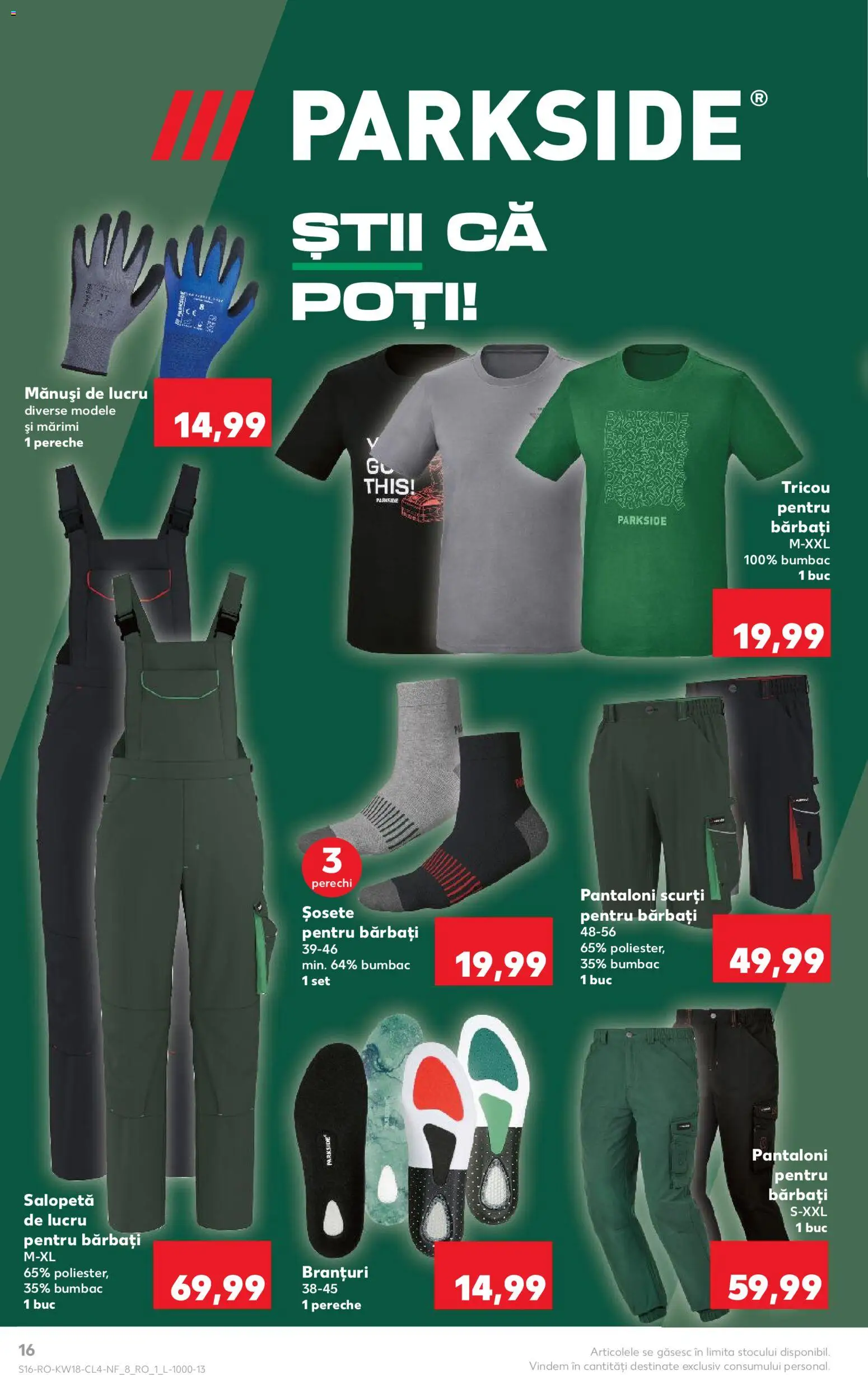 Noul catalog Kaufland – valabil de la 29.04.2026 | Pagină: 16 | Produse: Mănuși de lucru, Salopetă, Pantaloni scurți, Șosete