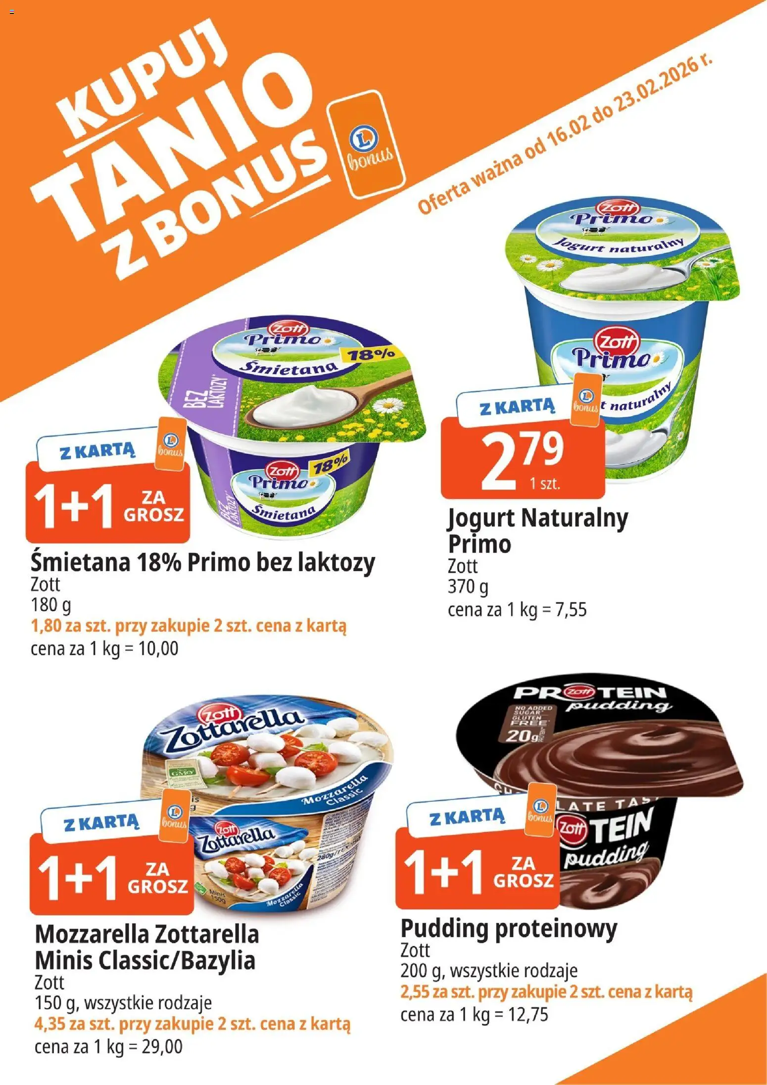 E.Leclerc Gazetka - Elbląg kupony dodatkowe od 16.02.2026 | Strona: 1 | Produkty: Karta, Jogurt naturalny, Jogurt, Mozzarella