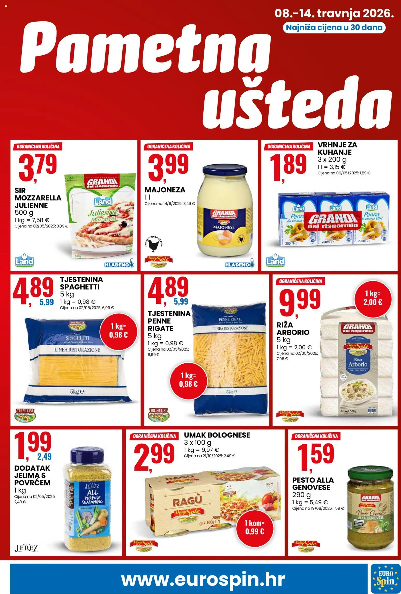 Eurospin katalog | vrijedi od 08.04.2026 | Stranica: 3 | Proizvodi: Mozzarella, Riža, Tjestenina, Majoneza