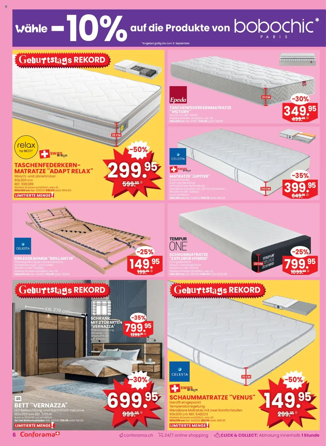 Conforama Aktionen Sofortrabatt – gültig ab 03.09.2025 | Seite: 6 | Produkte: Matratze, Nachttisch, Schrank, Bett