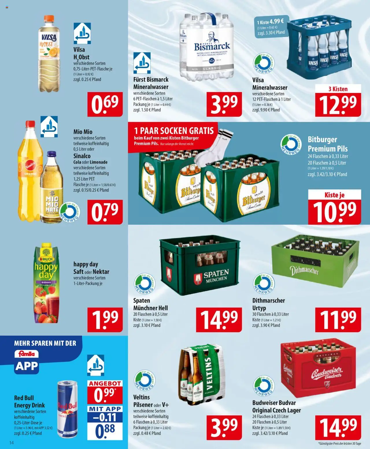 Famila Prospekt 	 – gültig ab 13.10.2025 | Seite: 14 | Produkte: Limonade, Budweiser, Saft, Veltins