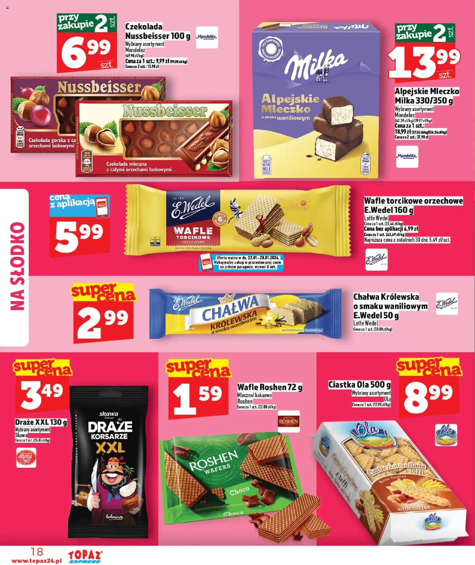 Topaz Gazetka - Express od 22.01.2026 | Strona: 18 | Produkty: Wafle, Czekolada gorzka, Czekolada, Ciastka